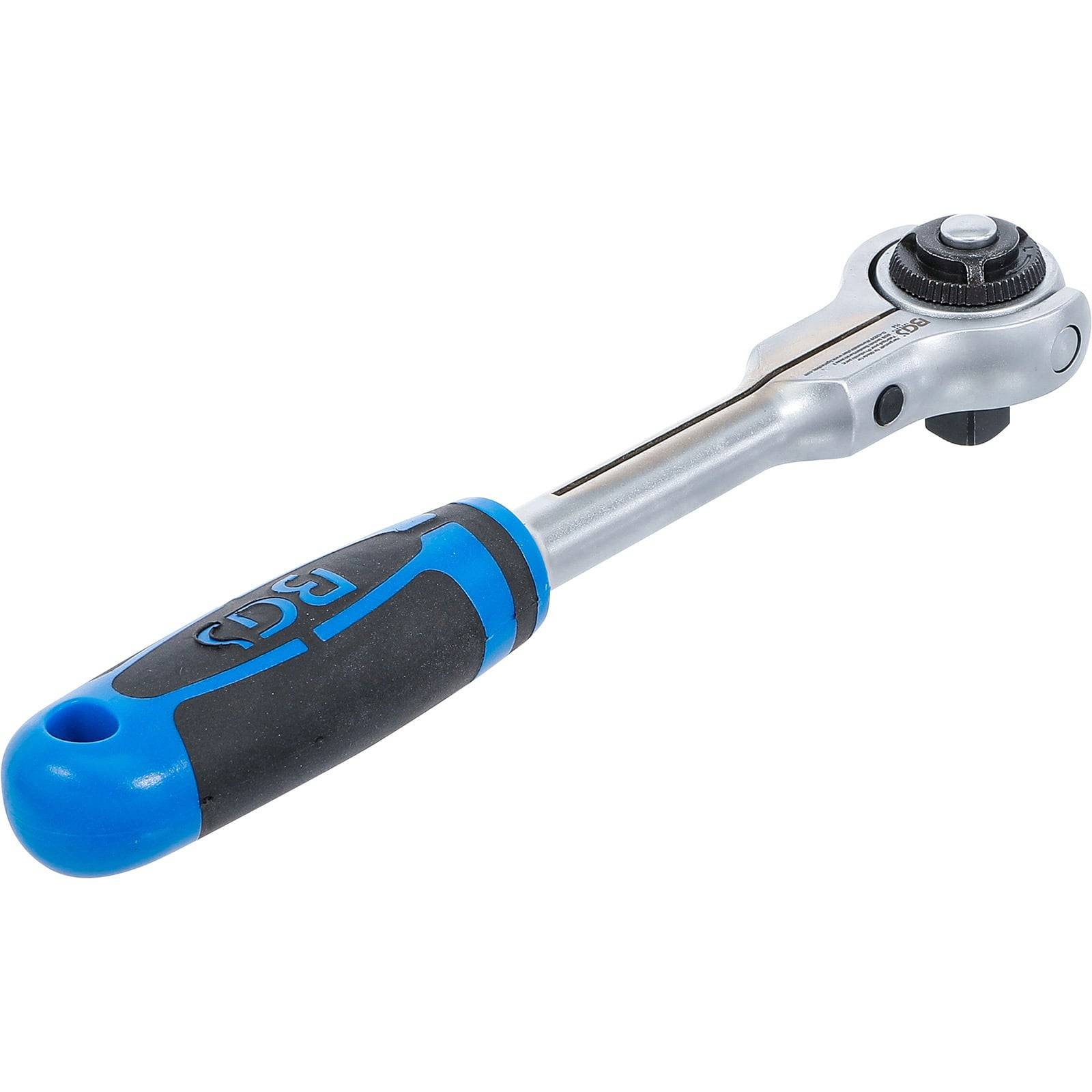 Ein Handwerkzeug mit einem schwarz-blauen Gummigriff und einem Ratschenmechanismus.