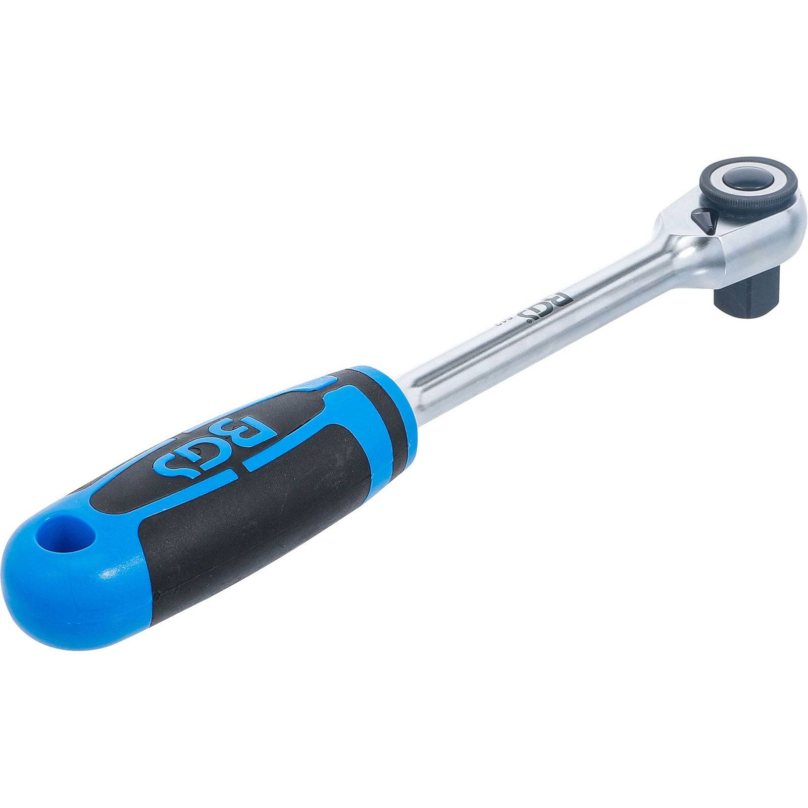 Ein blau-griff Ratschenschlüssel mit einem schwarzen Griff, der einen Vierkantantrieb am Kopf aufweist und zum Anziehen und Lösen von Schrauben verwendet wird.