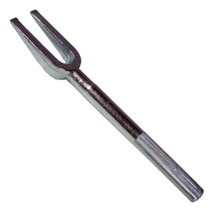 Stimmgabel aus Metall mit zwei Zacken und langem Griff auf weißem Hintergrund.