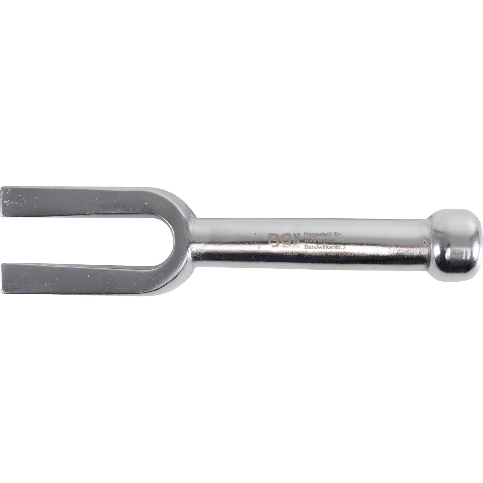 Ein Metallkugelgelenk-Gabelwerkzeug mit einer U-förmigen Gabel, das zum Trennen von Kugelgelenken bei der Autoreparatur verwendet wird.