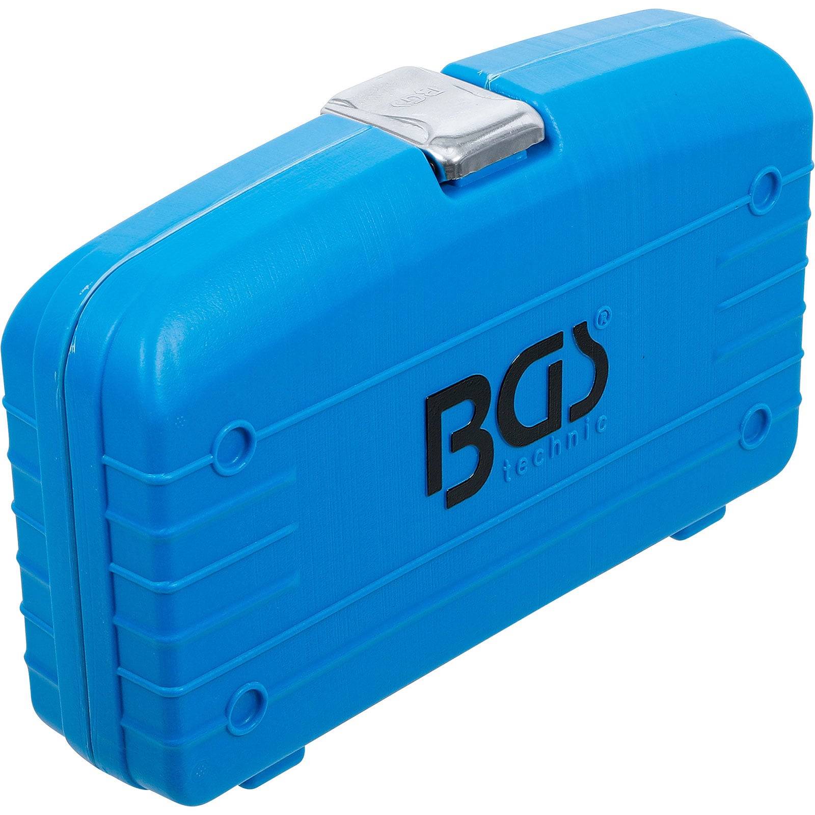 Eine blaue rechteckige Plastikbox mit einem silbernen Verschluss, die auf der Vorderseite das Logo 'BGS technic' in schwarzer Schrift trägt.