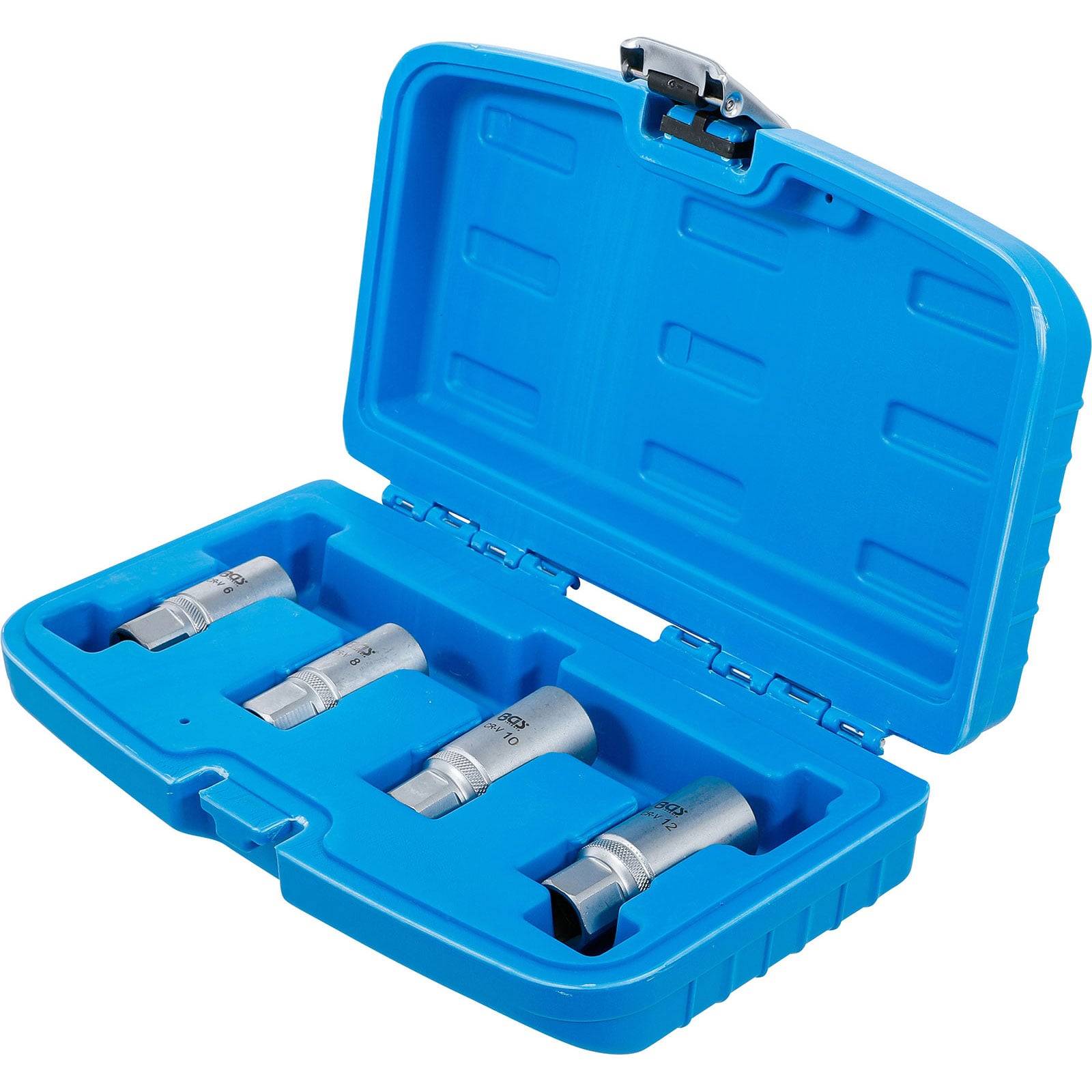 Eine blaue Plastikbox, die vier Schraubenschlüssel aus Metall enthält, jeder mit gravierten Größenmarkierungen, geöffnet, um die Werkzeuge im Inneren zu zeigen.
