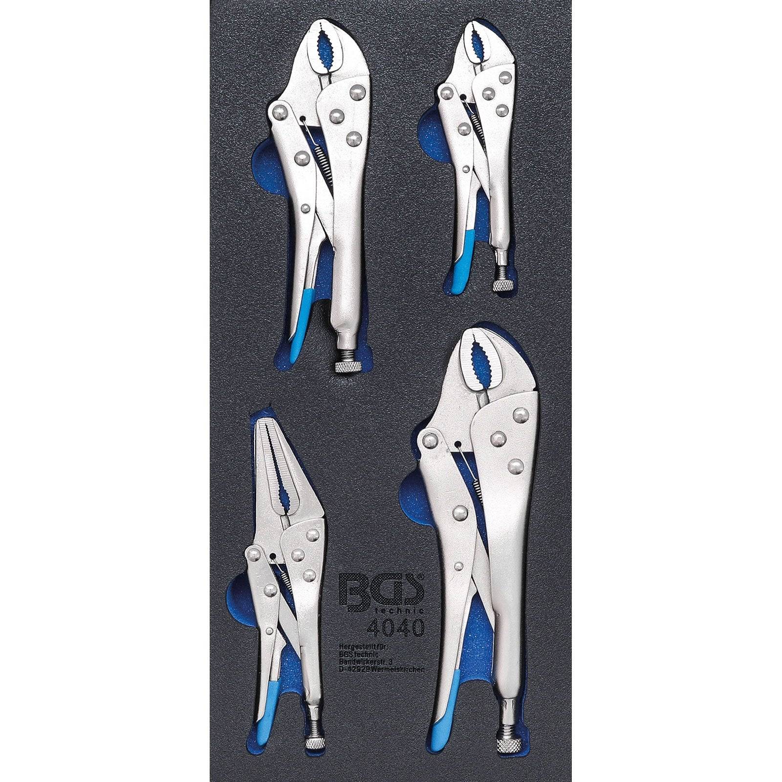 Satz von vier silbernen Vielzweckzangen mit blauen Griffen in Schaumstoffverpackung, wobei jede Zange in unterschiedlicher Größe für verschiedene Anwendungen ausgelegt ist.