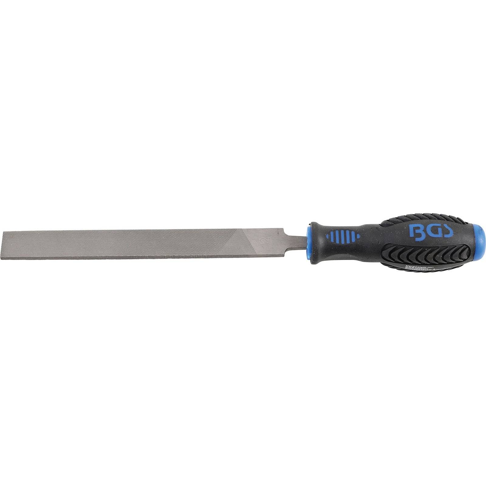 Eine flache Metallfeile mit einem blau-schwarzen Griff, die zum Glätten von Oberflächen oder zum Schärfen von Gegenständen verwendet wird.