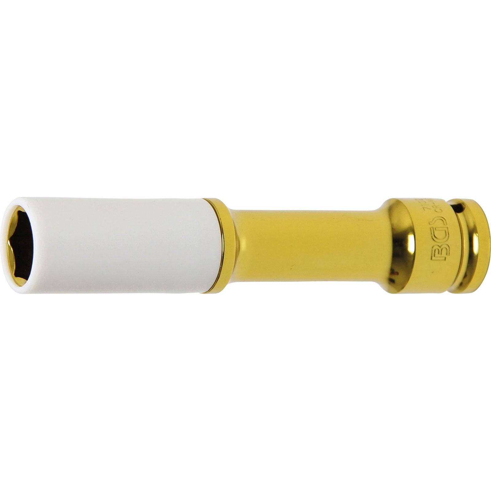 Ein gold-weißer Steckschlüssel, der für Radmuttern konzipiert ist und häufig von Mechanikern zum Reifenwechsel verwendet wird.