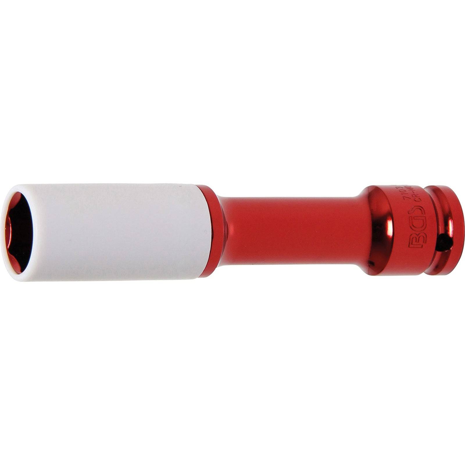 Ein rotes Metallwerkzeug mit einem weißen Griff, das wie ein Zubehörteil für eine Steckschlüssel aussieht, ist vor einem einfarbigen weißen Hintergrund zu sehen.