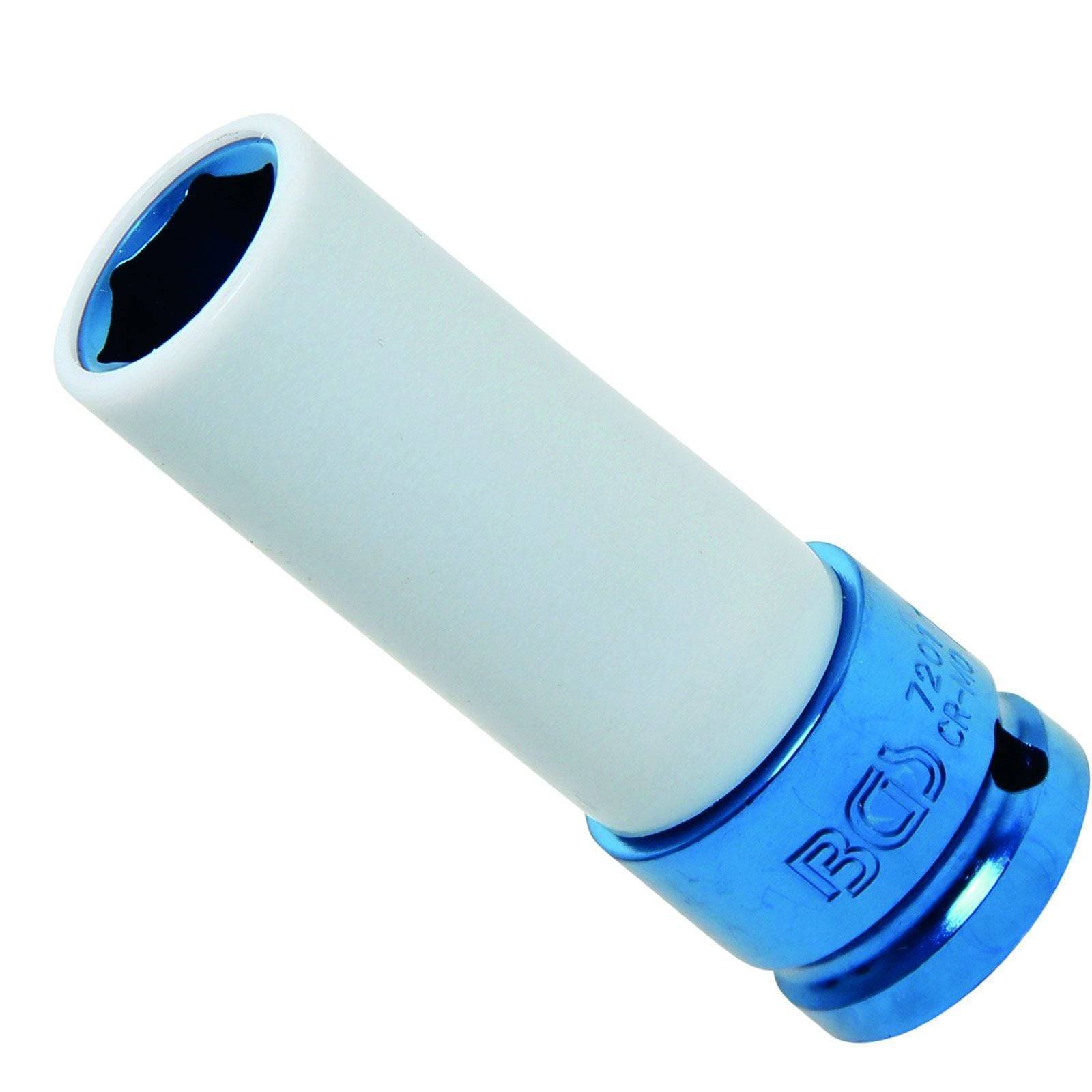 Ein blauer und weißer Schraubenschlüssel mit einer zylindrischen Form, der zum Anziehen oder Lösen von Muttern und Schrauben verwendet wird.