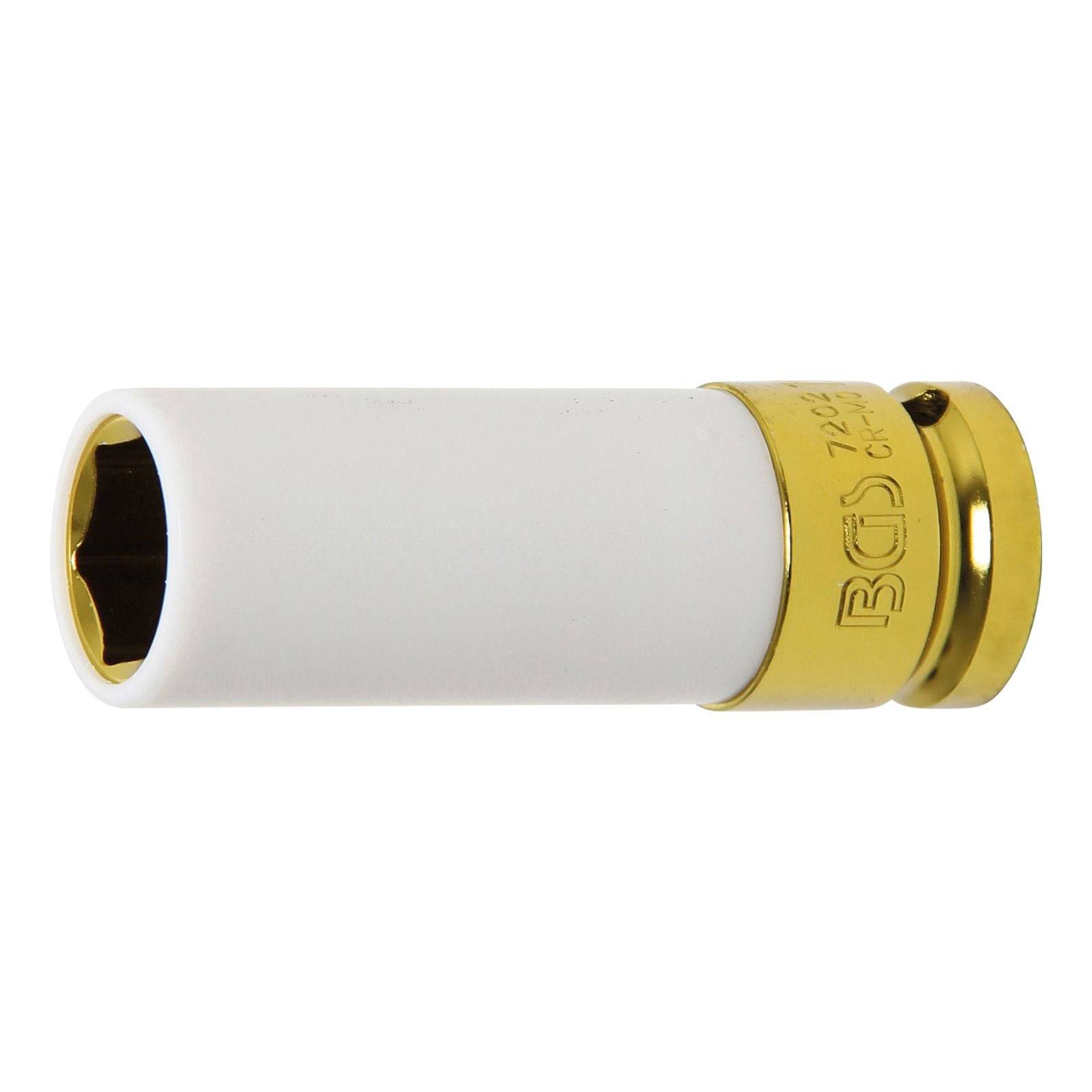 Ein weißer und goldener Steckschlüssel mit sechseckiger Öffnung, der zum Aufsetzen auf Muttern und Schrauben verwendet wird.
