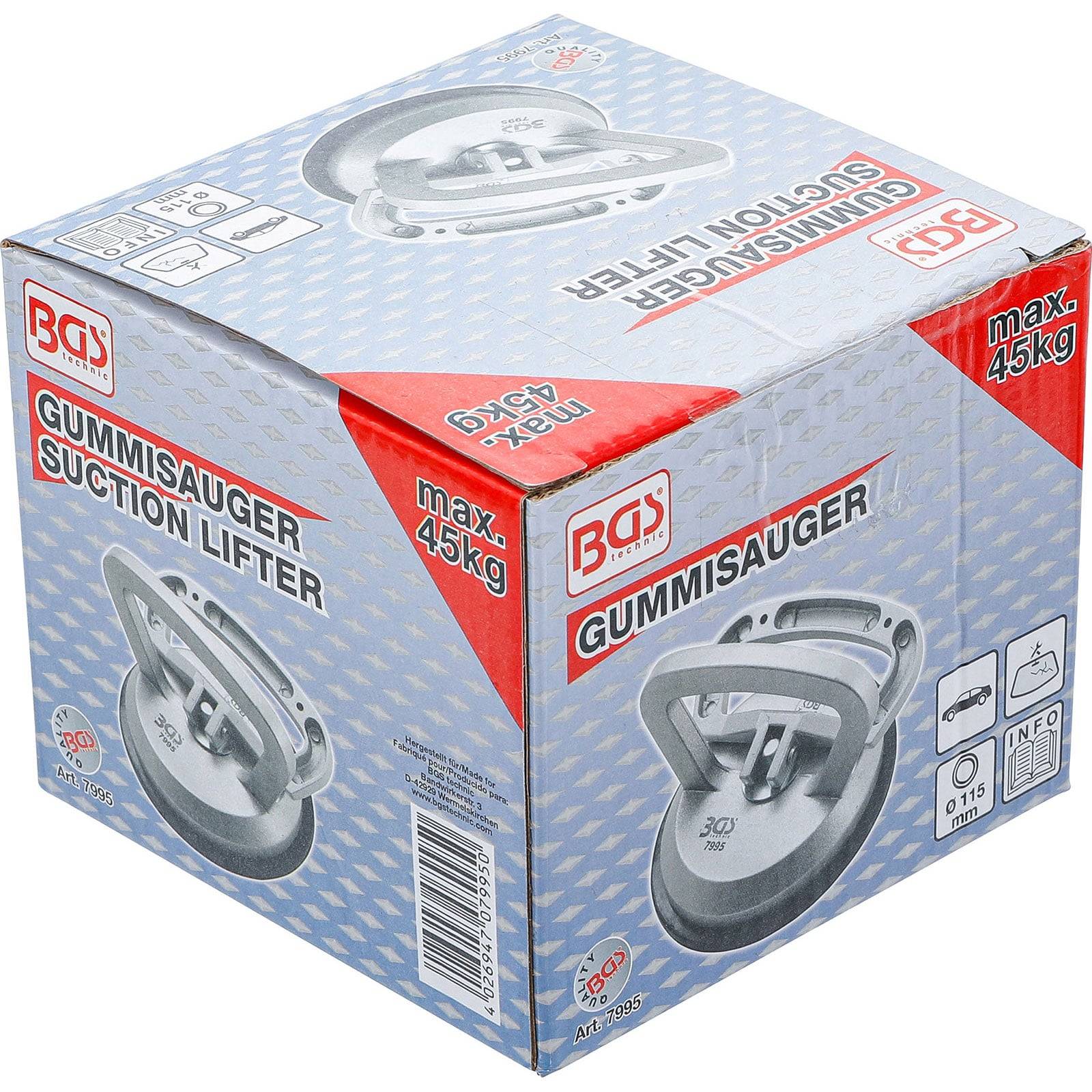 Karton eines BGS Saughebers mit einer Gewichtsgrenze von 45 kg. Das Bild zeigt das Produkt und seine technischen Spezifikationen, einschließlich Abmessungen und Verwendungsmöglichkeiten.