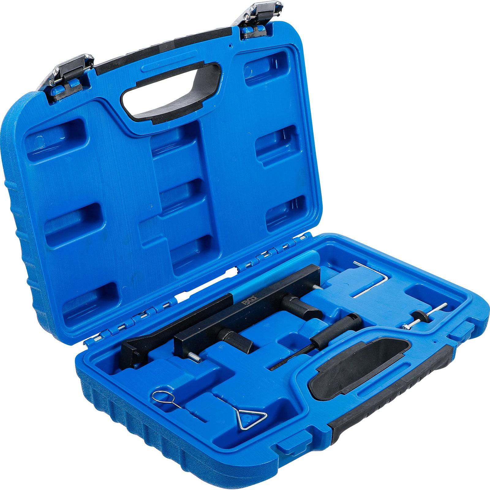 Eine blaue Plastik-Transportbox ist geöffnet und zeigt geformte Fächer für Werkzeuge. Die Box verfügt über einen Griff und sichere Verschlüsse für einfache Transportierbarkeit.