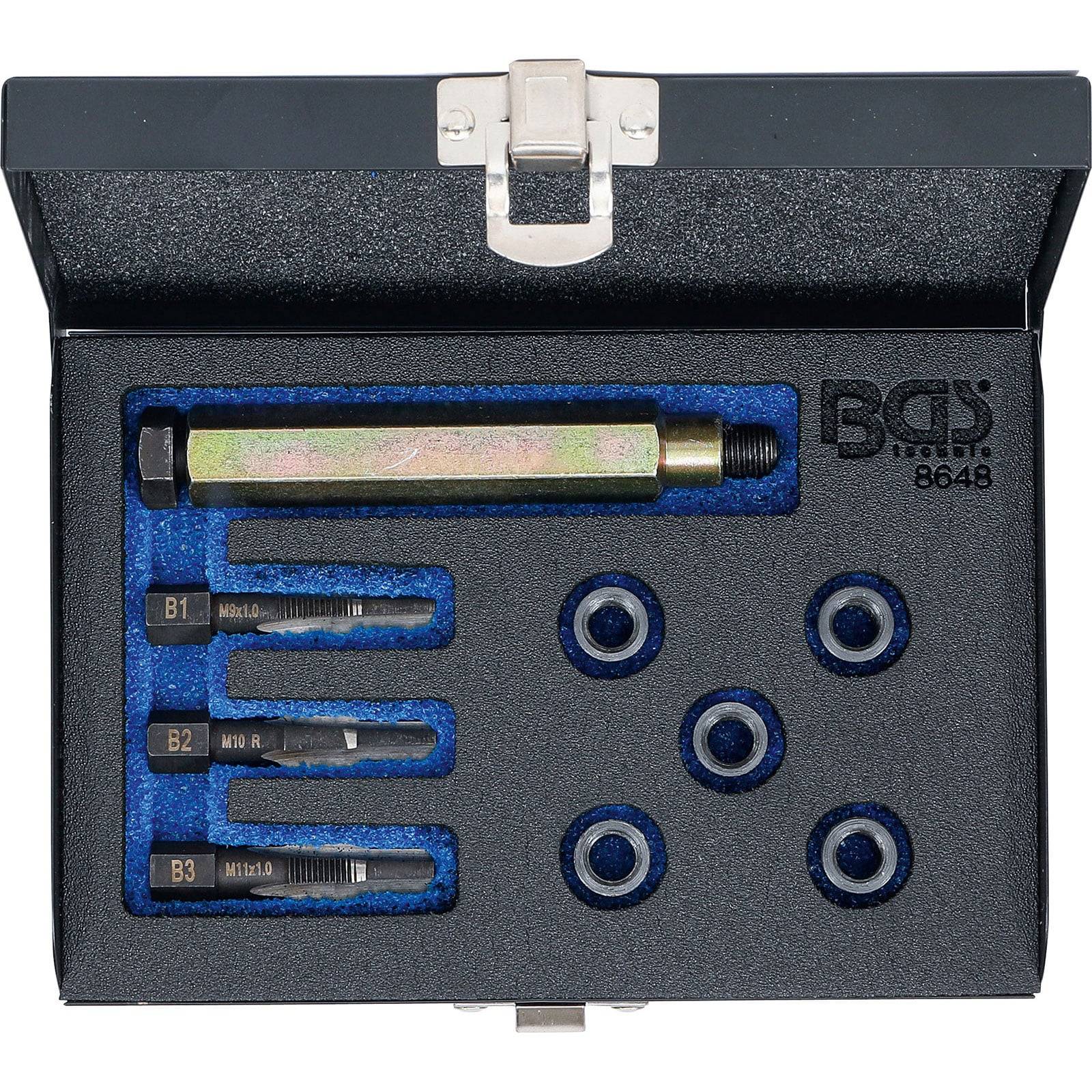 Ein Metallgehäuse enthält einen BGS-8648 Werkzeugsatz mit einer sechskantigen Stange, drei beschrifteten Spannfuttern (B1, B2, B3) und sechs Gummischeiben.