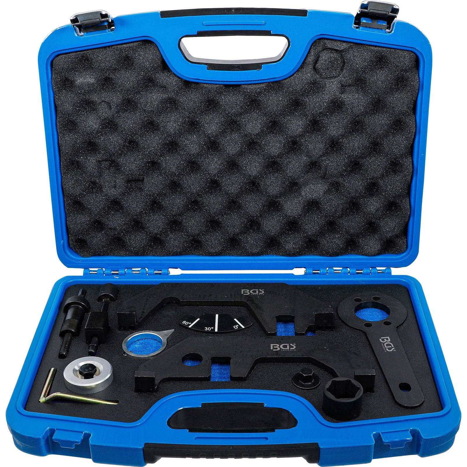 Eine blaue und schwarze Werkzeugkoffer steht offen und zeigt verschiedene Motorzahnwerkzeuge, die säuberlich in Schaumstoffeinlagen angeordnet sind.