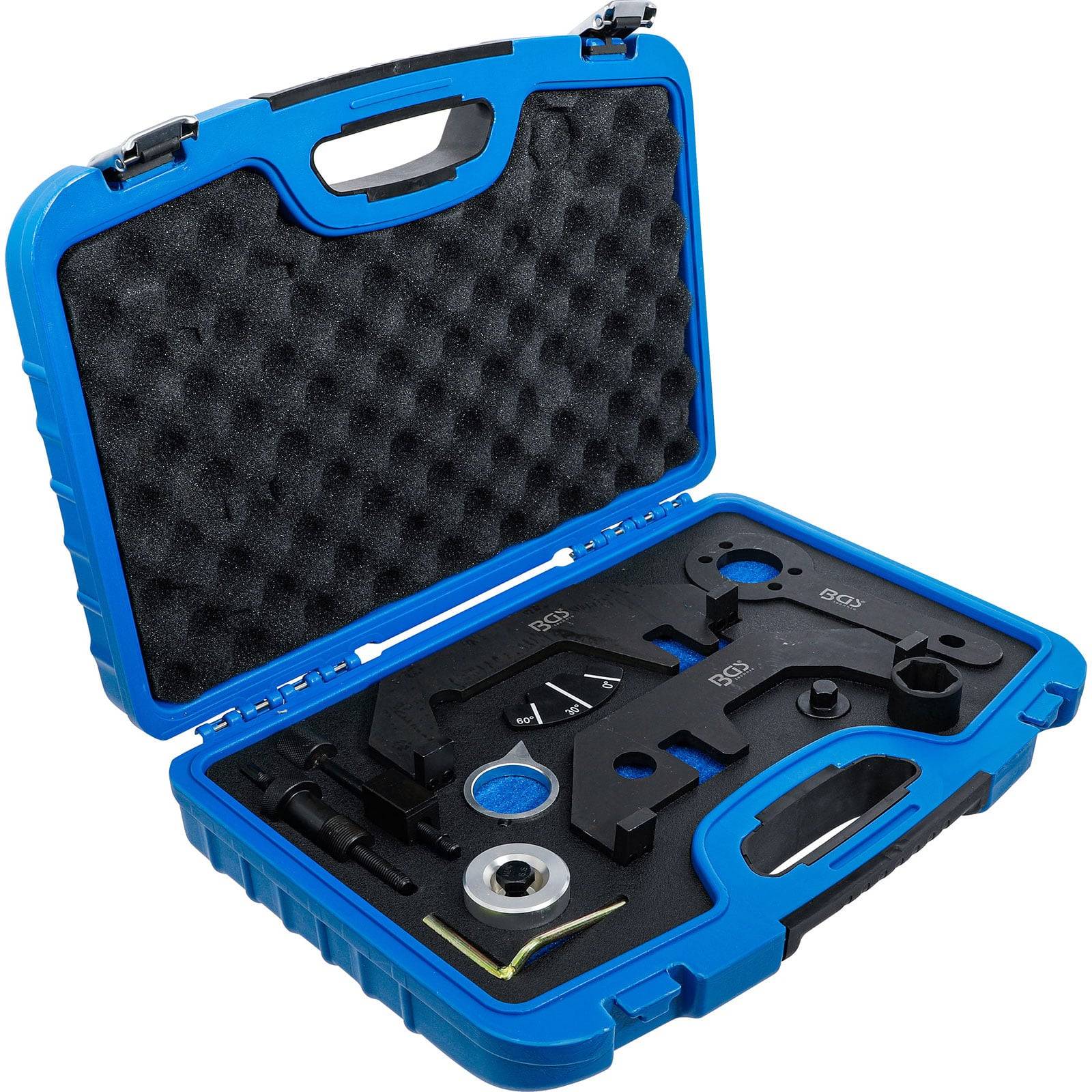 Zeitwerkzeug-Set in einem blauen Koffer mit Schaumstoffpolsterung. Enthält verschiedene Werkzeuge und Komponenten für Motorzeiteinstellungsanpassungen.