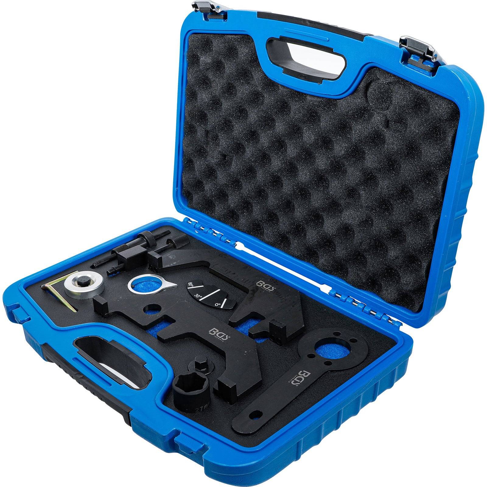 Ein blauer Kunststoffkoffer, der verschiedene Motorzeitwerkzeuge enthält, mit Schaumstoffpolsterung im Inneren, um die Ausrüstung sicher zu halten.