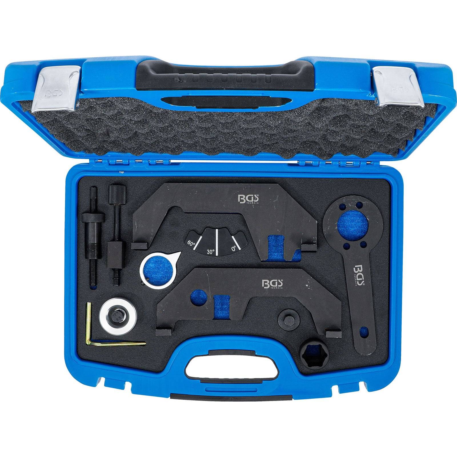 BGS' markierte blaue Werkzeugkoffer mit verschiedenen Automotive-Zeitwerkzeugen, einschließlich Winkelmesser und Schraubschlüssel, in Schaumstoffeinlagen passgenau eingepasst.