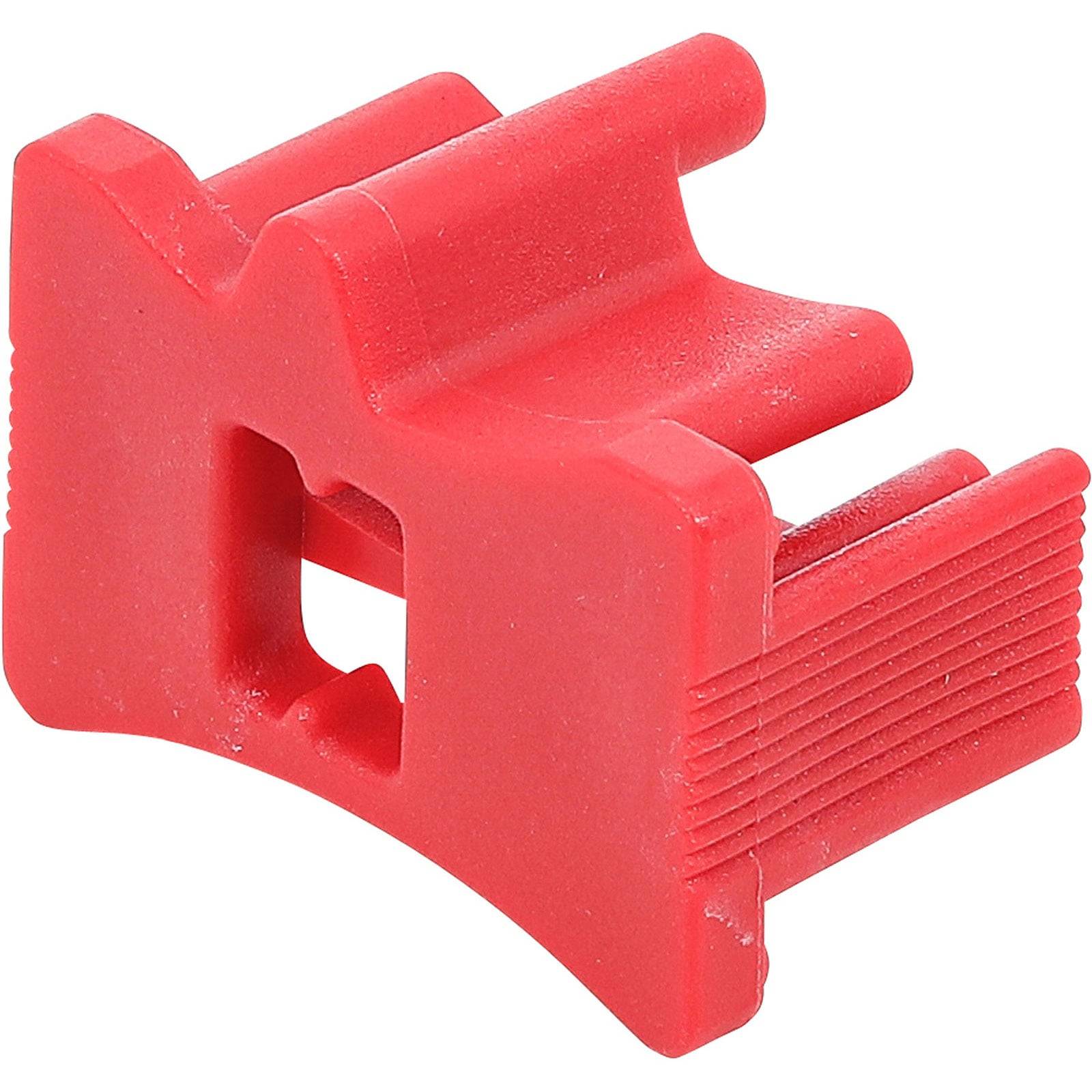 Ein roter Handrohrschneider aus Kunststoff mit U-förmigem Design, der zum sauberen Schneiden von Rohren bei Klempnerarbeiten oder DIY-Projekten verwendet wird.