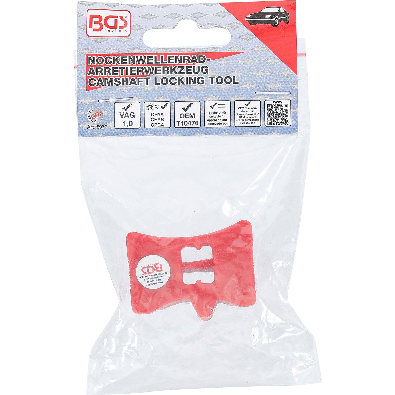 Werkzeugsatz für Nockenwellenarretierung zur Fahrzeugwartung, bestehend aus rotem Werkzeug mit Etikett und Firmenlogo oben. Verwendung umfasst Motorreparaturen.