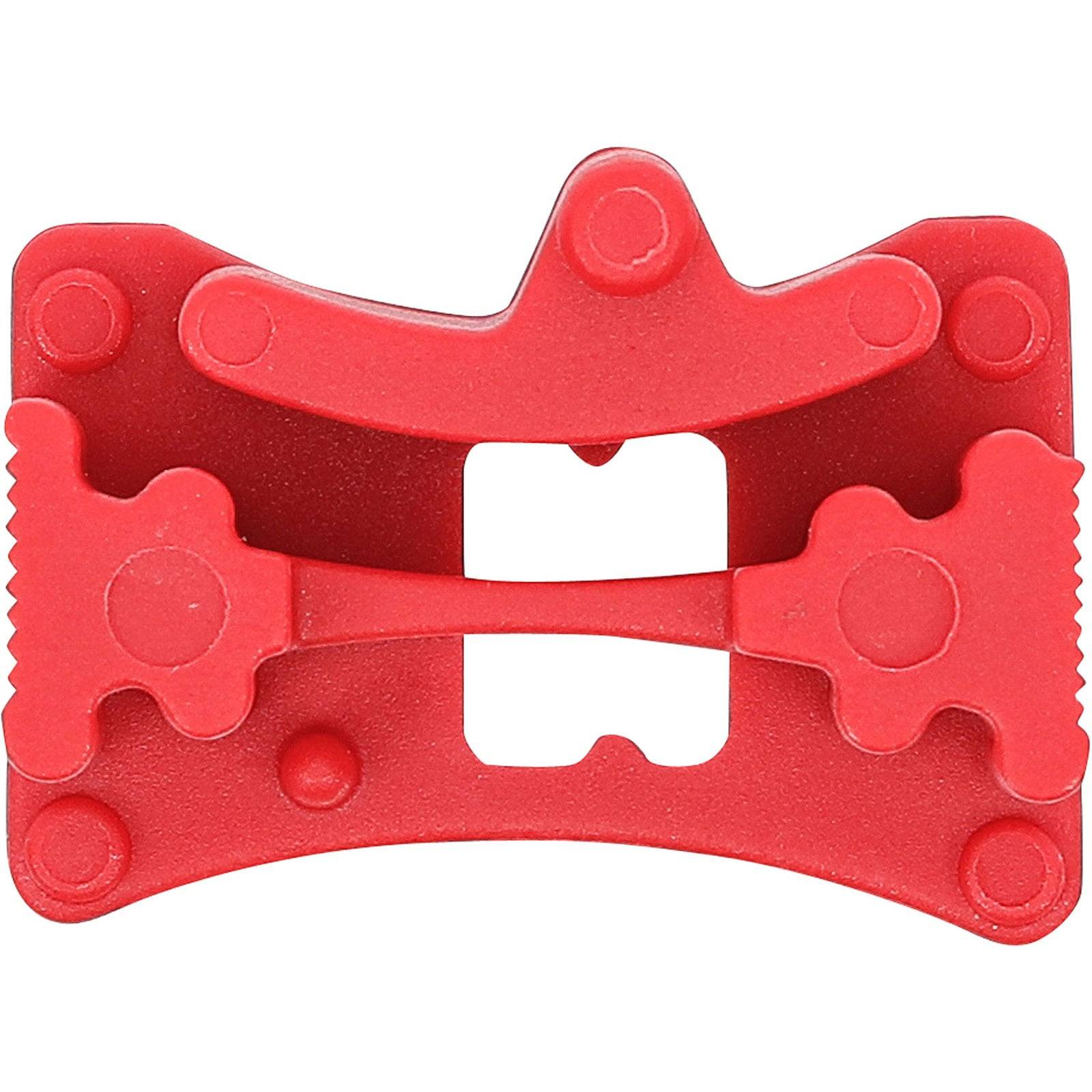 Ein roter Kunststoffgriff mit strukturierten Kanten, ausgestattet mit einem zentralen Ausschnitt und verstellbaren Verschlussriemen. Dient zum Zusammenhalten von Gegenständen.