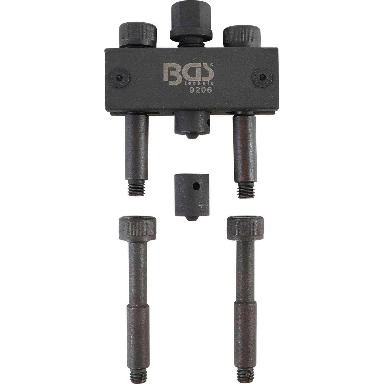 Ventilfedarspanner-Werkzeug 'BGS technic 9206' mit Schrauben und Komponenten für die Reparatur von Automotor-Ventilen.