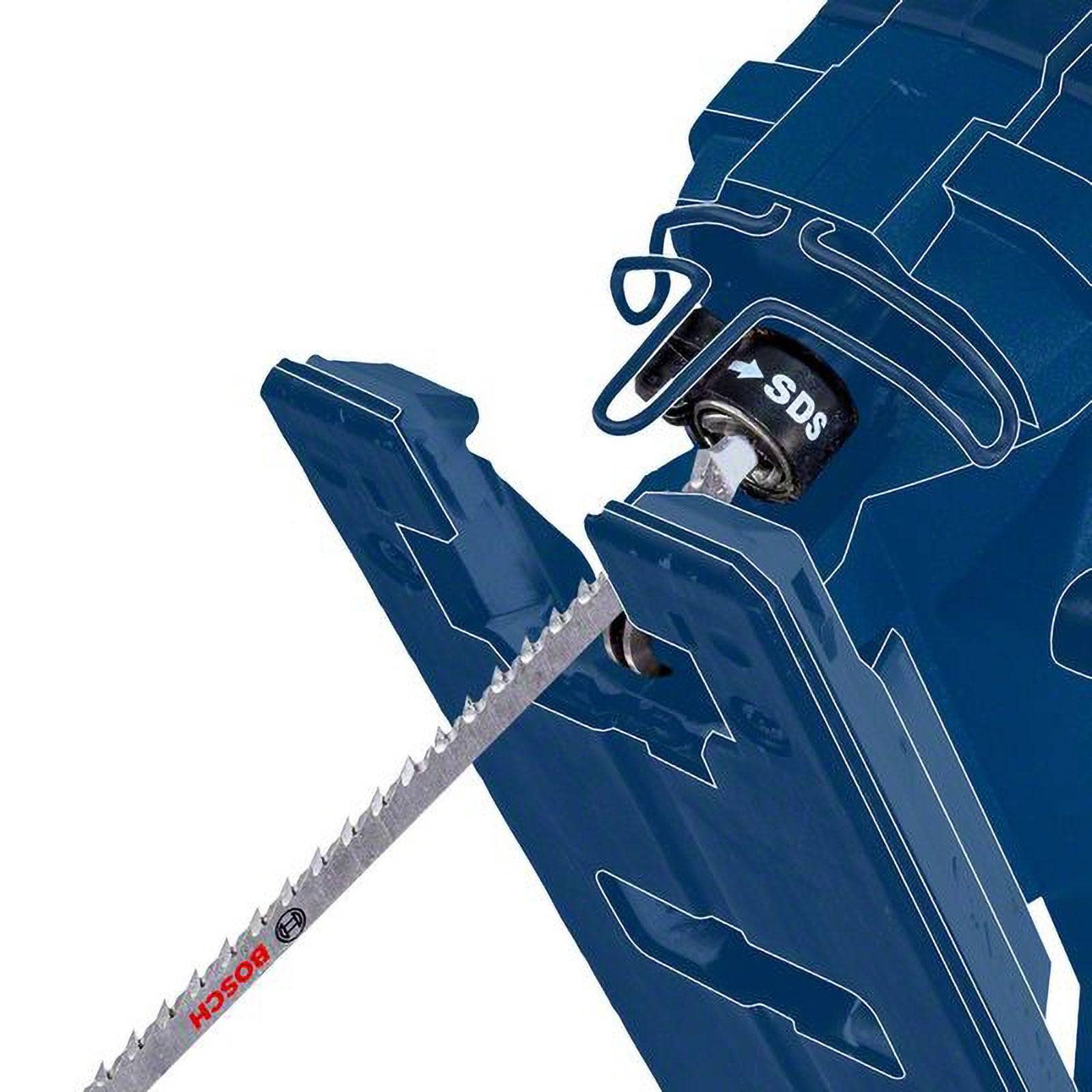 Eine Säbelsäge mit aufgesetztem Sägeblatt, die das 'SDS' Schnellwechselsystem zur mühelos Klingenwechsel zeigt und die Vielseitigkeit des Werkzeugs hervorhebt.