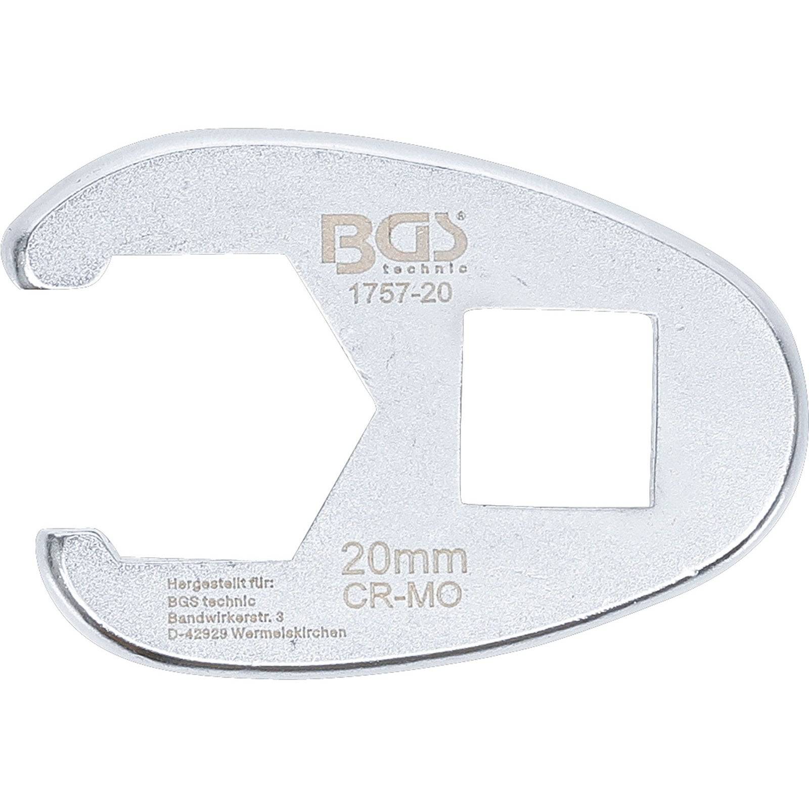 Ein silberner, halbmondförmiger Schraubenschlüsselkopf mit der Markierung '20MM CR-MO'.