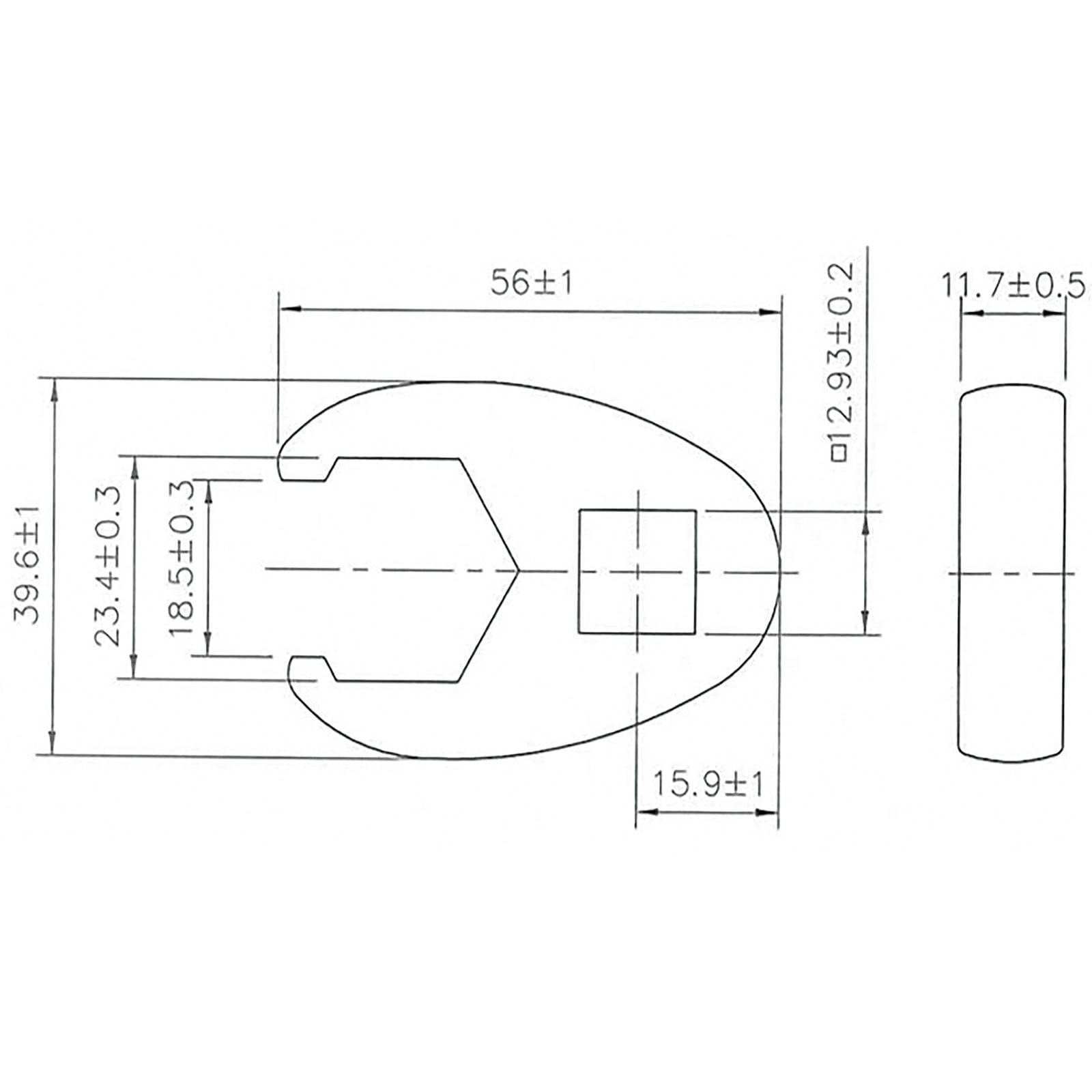 Eine technische Zeichnung einer mechanischen Komponente mit Abmessungen: 56±1 mm Länge, 39,6±1 mm Höhe und 12,9±0,2 mm Durchmesser.