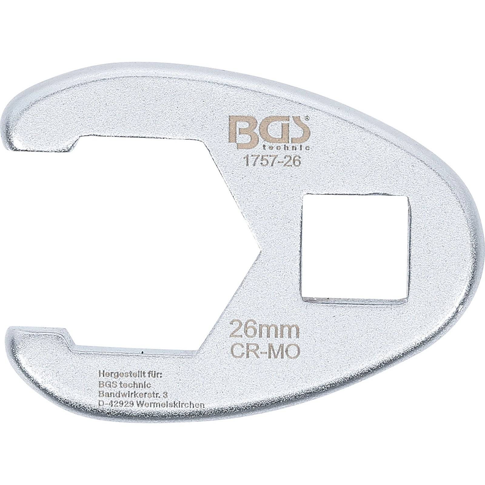 Ein offener, silberner Schraubenschlüssel-Aufsatz, gekennzeichnet mit '26mm CR-MO' und 'BGS technic'.