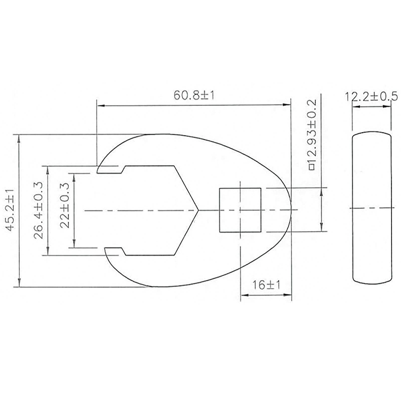 Technische Zeichnung einer mechanischen Komponente, Maße in Millimetern: Breite 60,8±1, Höhe 45,2±1, Tiefe 12,2±0,3.