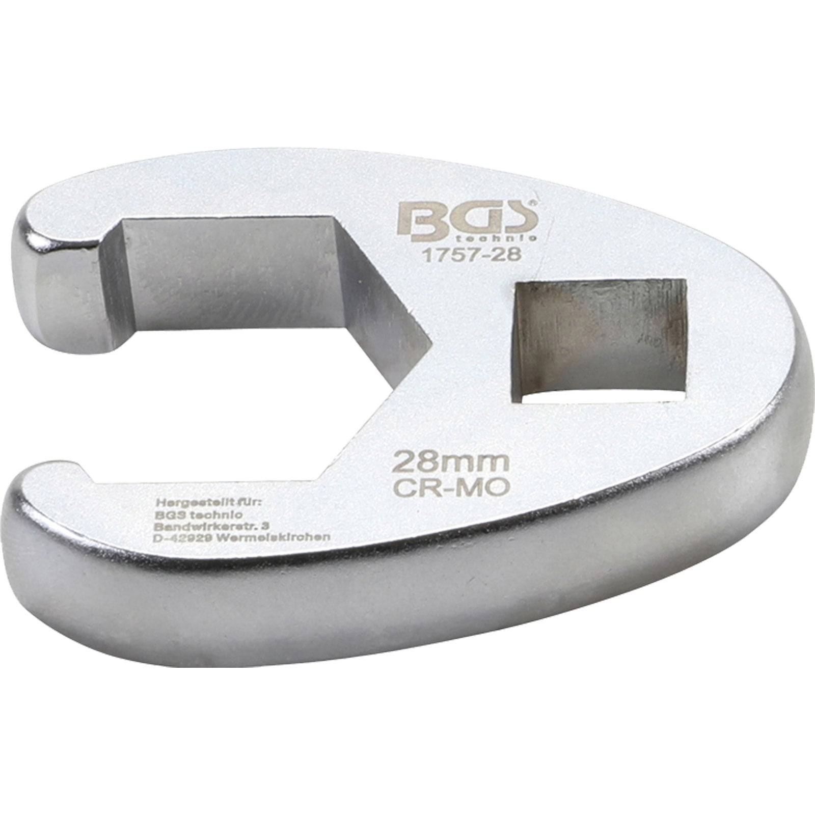 Ein 28-mm-Chrom-Molybdän-(CR-MO)-Gabelschlüssel mit offenen Enden, silberfarbenes Metall mit BGS-Branding und eingravierter Produktinformation.