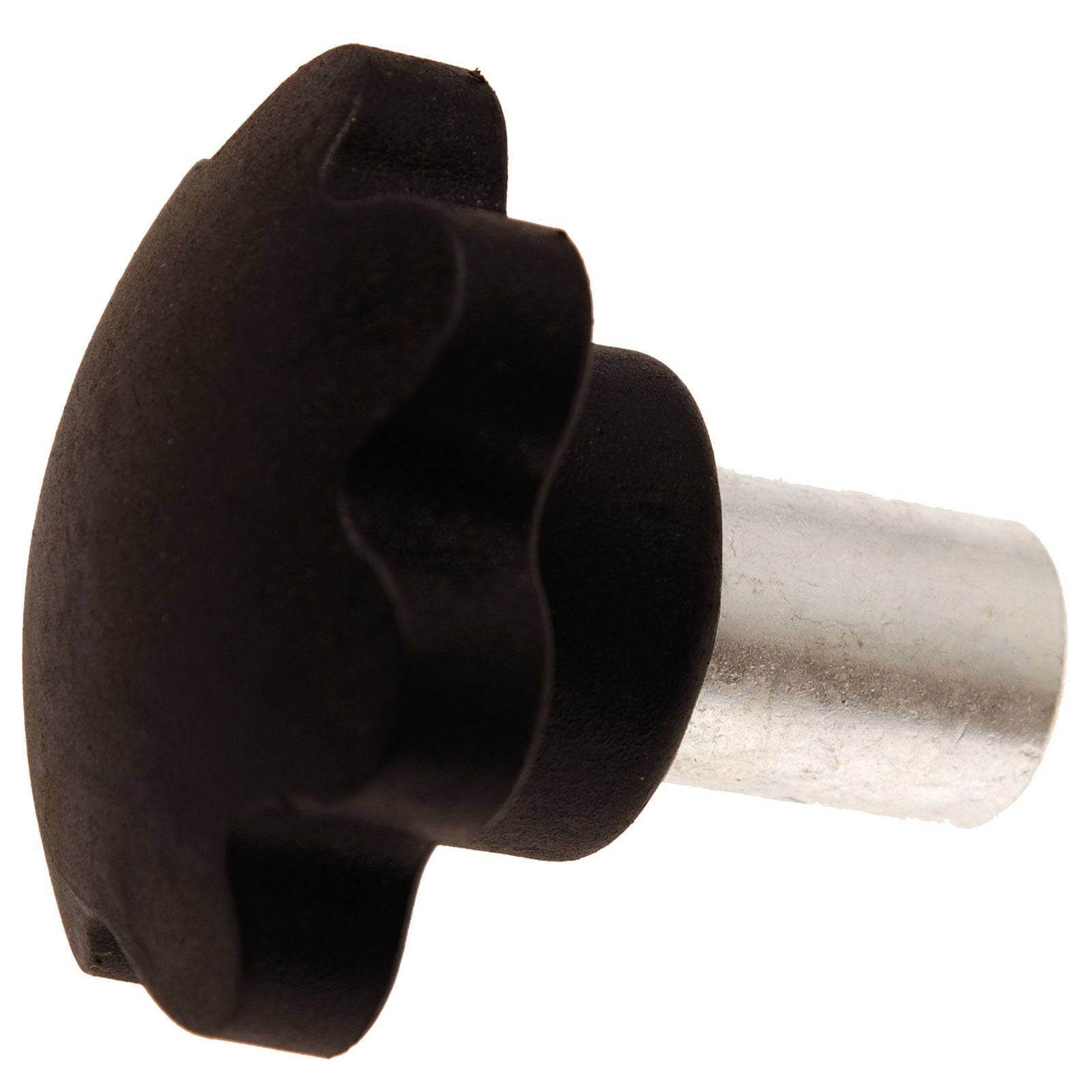 Ein schwarzer, runder Kunststoffknopf mit einer Metalldurchführung, der typischerweise zum Einstellen oder Sichern von Objekten wie Maschinenteilen oder Möbelkomponenten verwendet wird.