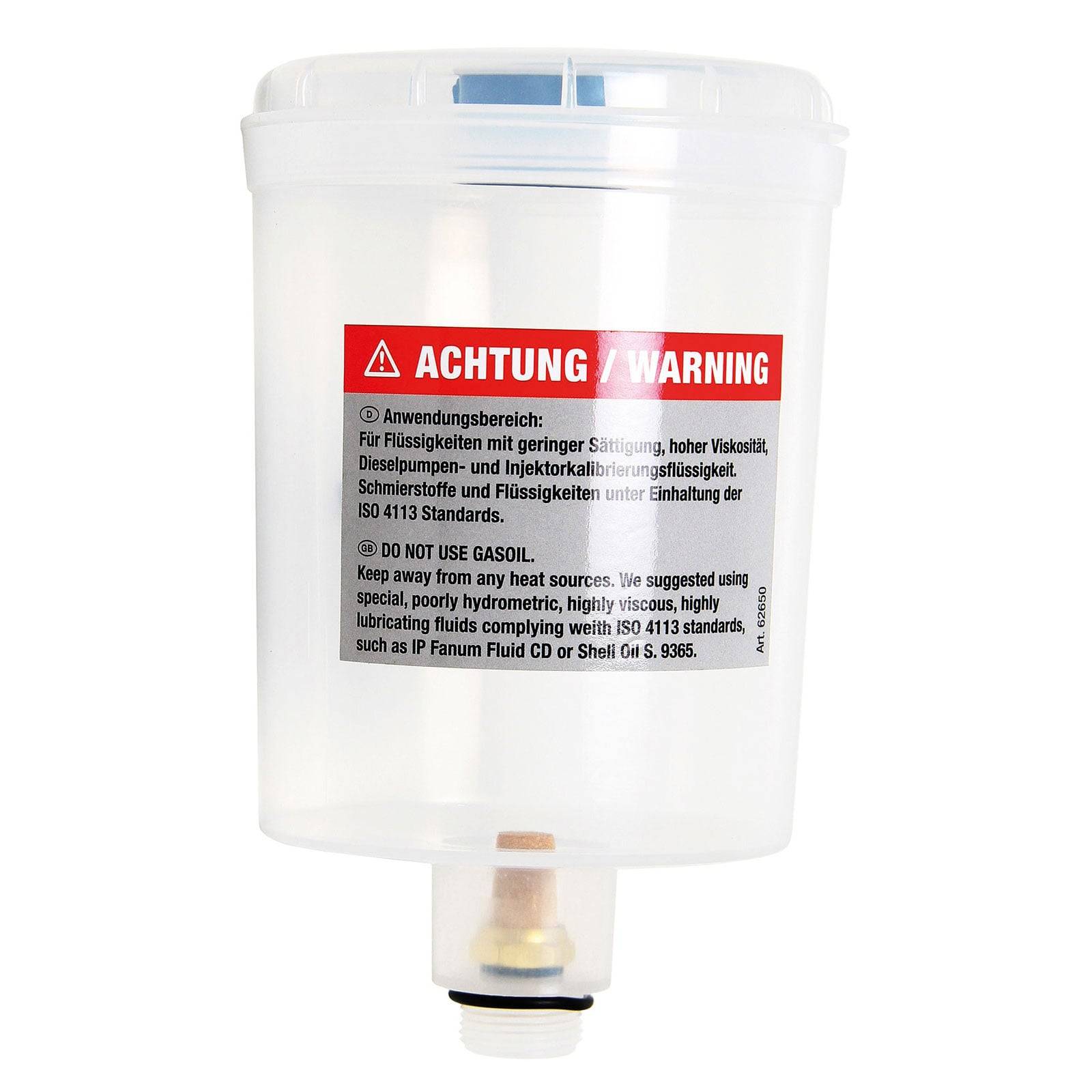 Ein durchsichtiger Behälter mit der Beschriftung 'ACHTUNG WARNING', versehen mit Anweisungen auf Deutsch und Englisch, der für Flüssigkeiten mit Ausnahme von Benzin verwendet wird.