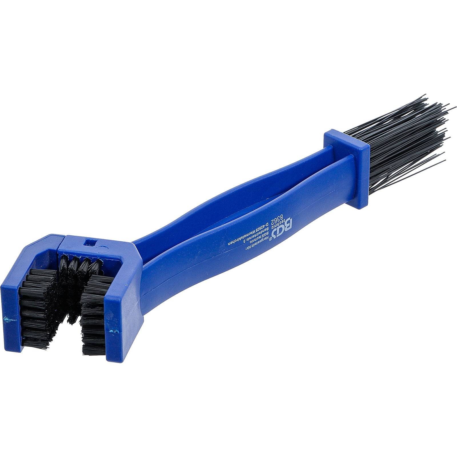 Ein blauer, zweiseitiger Fahrradketten-Reinigungsburstbürste mit harten Borsten an beiden Enden, die zum Schrubben und Entfernen von Schmutz von Ketten entwickelt wurde.