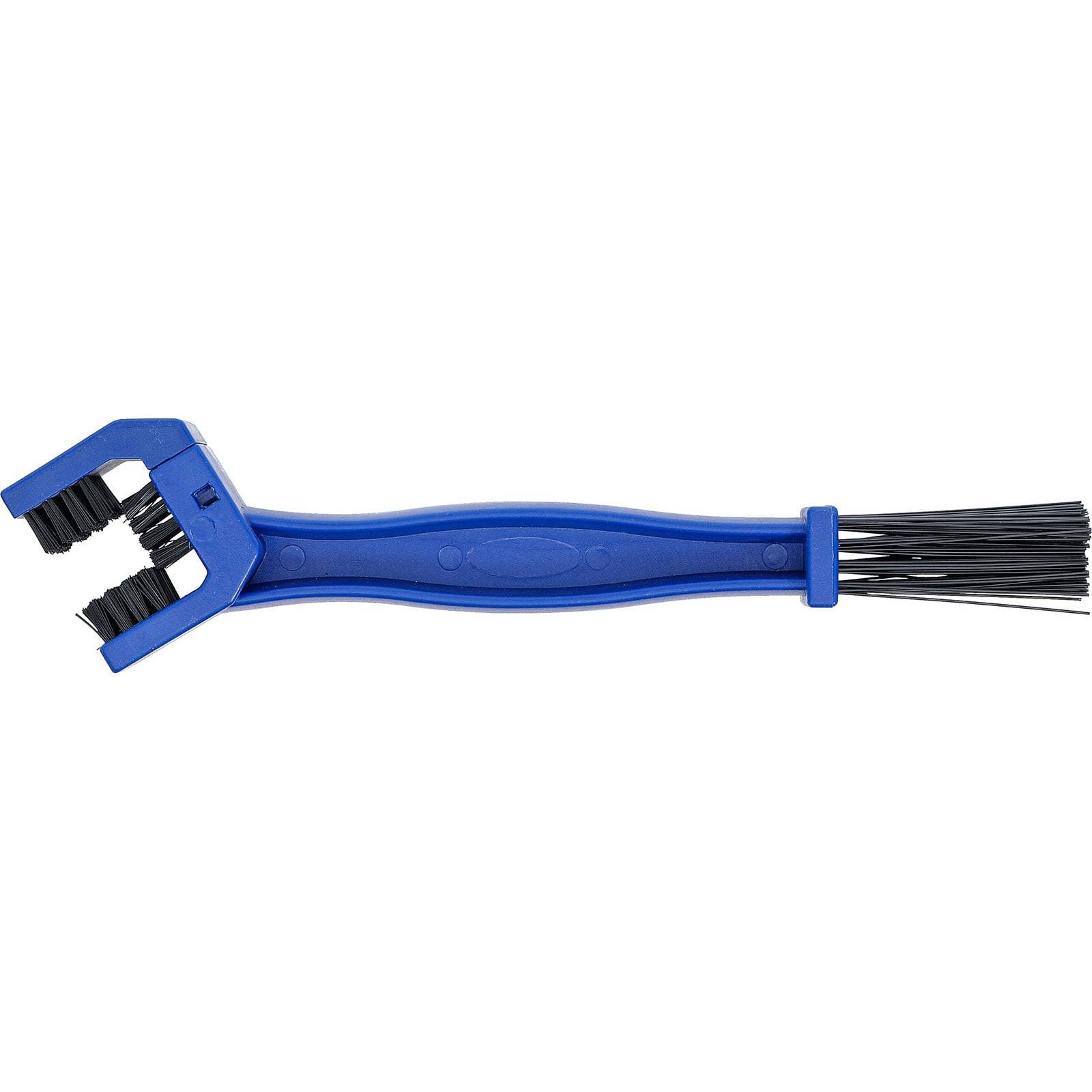 Eine blaue Fahrradketten-Reinigungsbrürste mit einem U-förmigen Borstenkopf und langem Griff für einen leichten Halt. Sie ist für eine effiziente Kettenreinigung konzipiert.