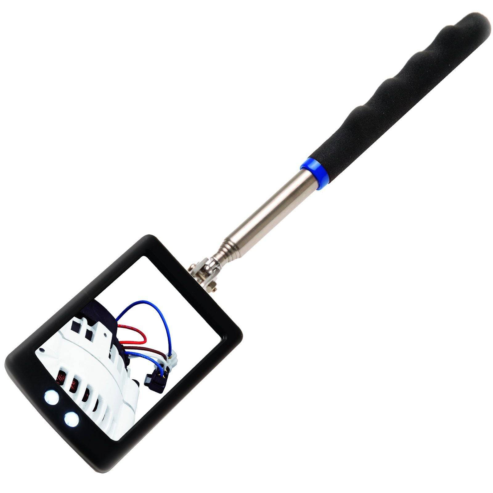 Inspektionsspiegel mit verstellbarem Griff, der eine Schaltschrankverdrahtung in seiner reflektierenden Oberfläche zeigt.