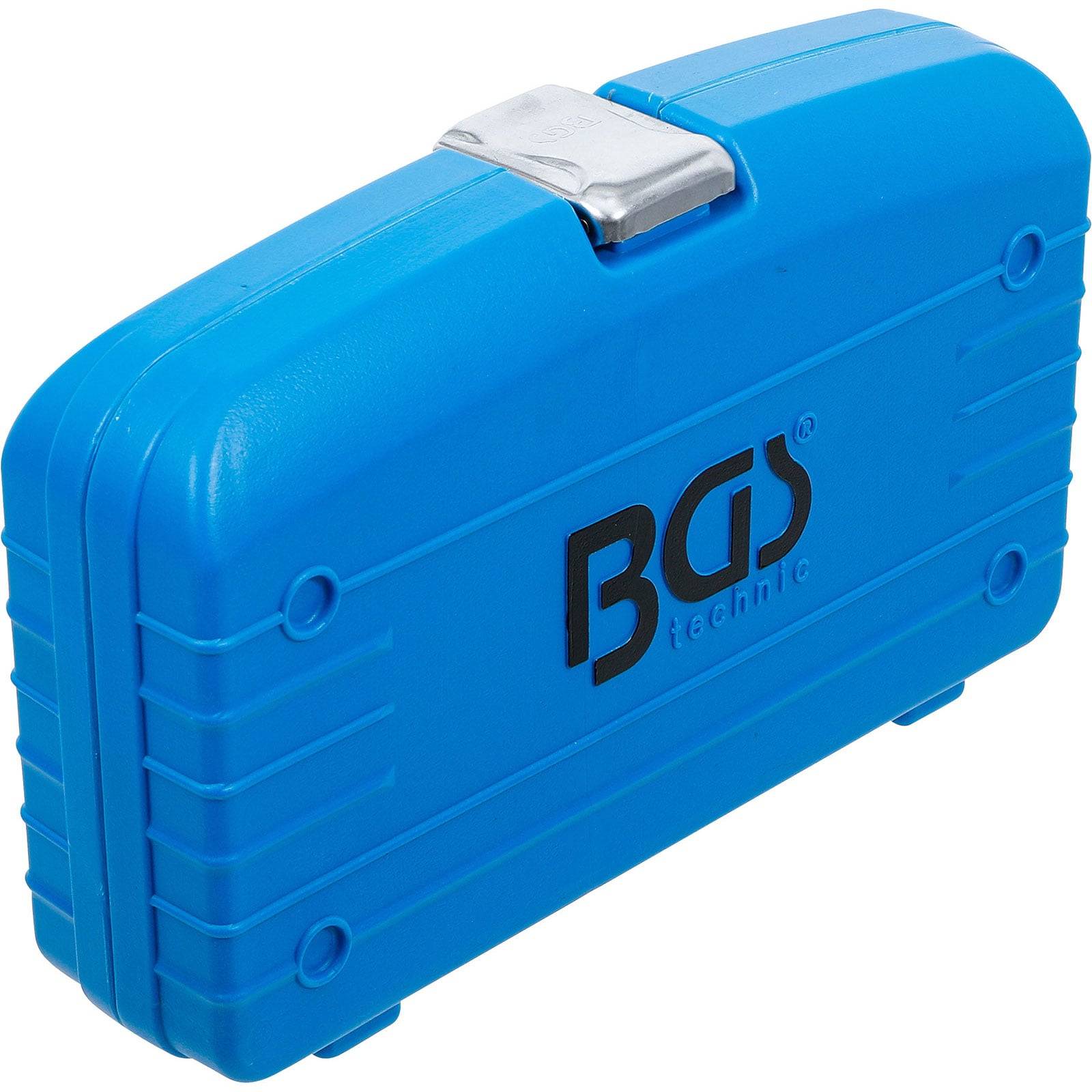 Eine blaue Plastikkiste mit einem silbernen Verschluss, geprägt mit dem 'BGS'-Logo.