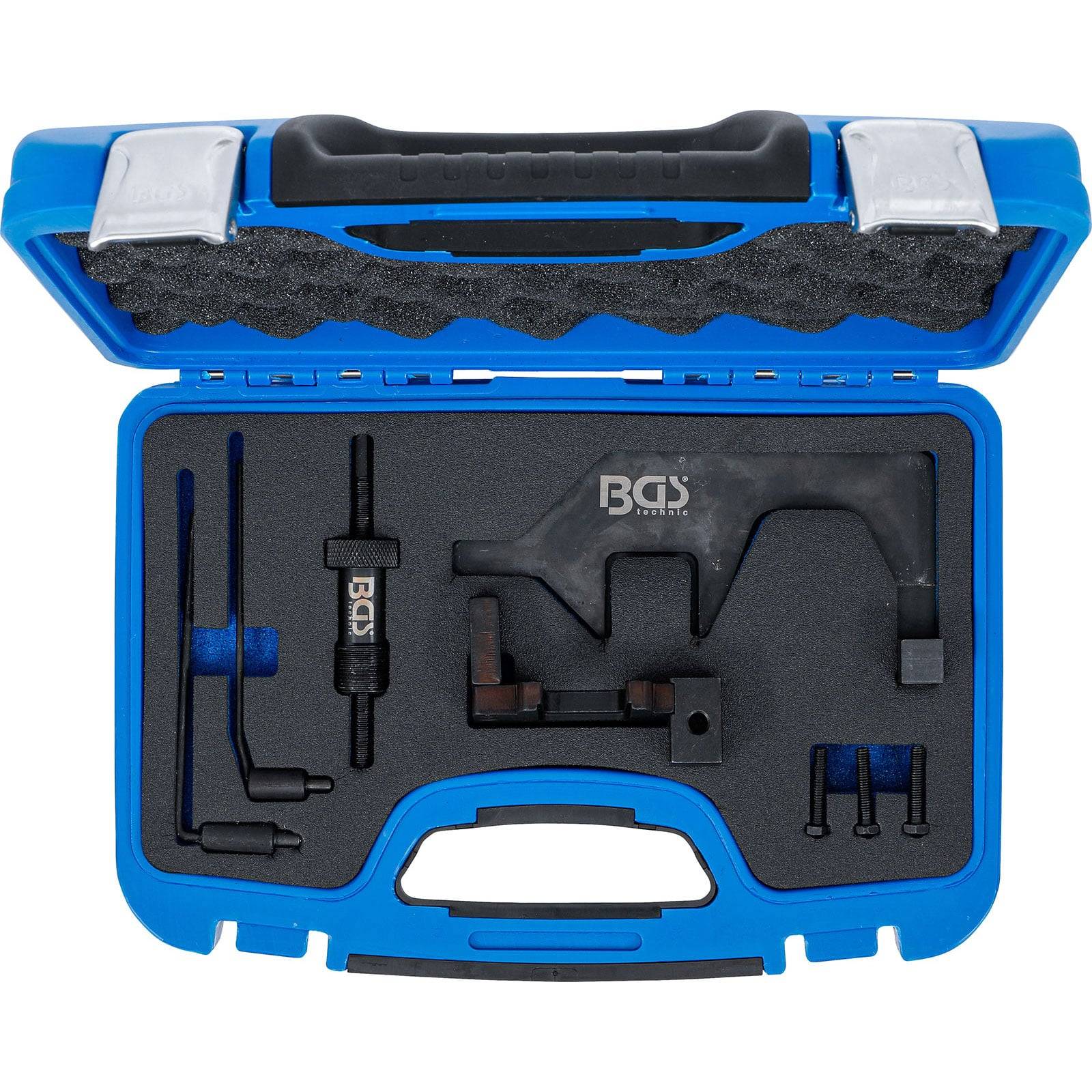 Blaue Plastikbox mit Schaumstoffeinsatz, die verschiedene mechanische Werkzeuge enthält, darunter einen Spannschlüssel, Stifte und ein Halgewerkzeug, für Motorwartung.
