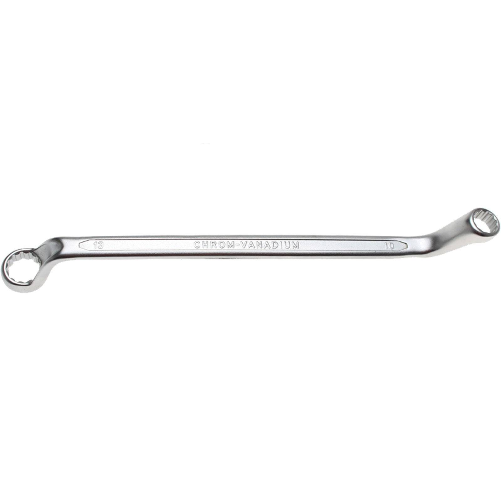 Ein Chrom-Vanadium-Doppelringschlüssel mit zwei unterschiedlich großen Enden zum Anziehen oder Lösen von Befestigungselementen.