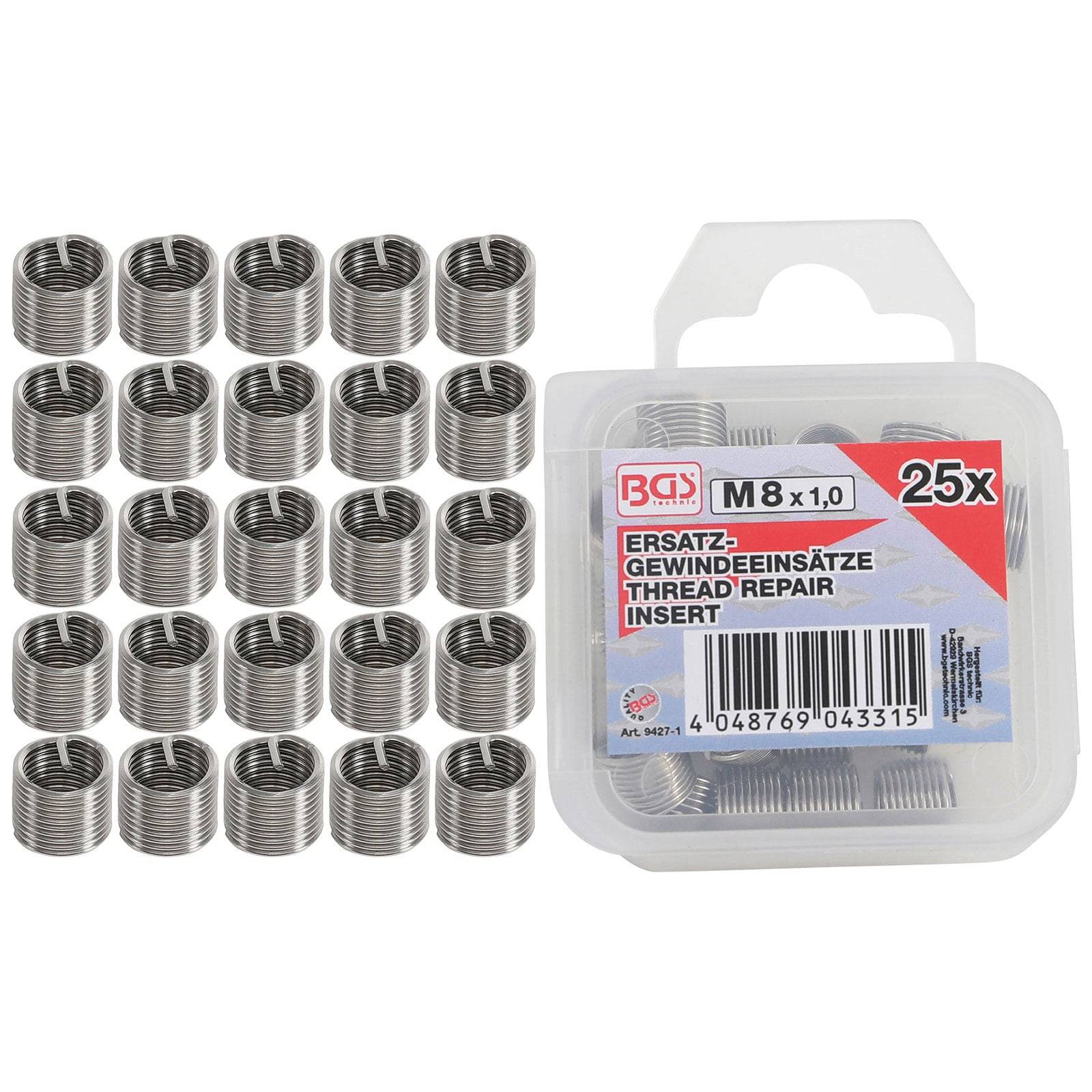 Ein Satz von 25 Gewindereparatureinsätzen, gekennzeichnet mit 'M8 x 1.0', zum Reparieren oder Verstärken von Gewindebohrungen, verpackt in einer transparenten Kunststoffbox.