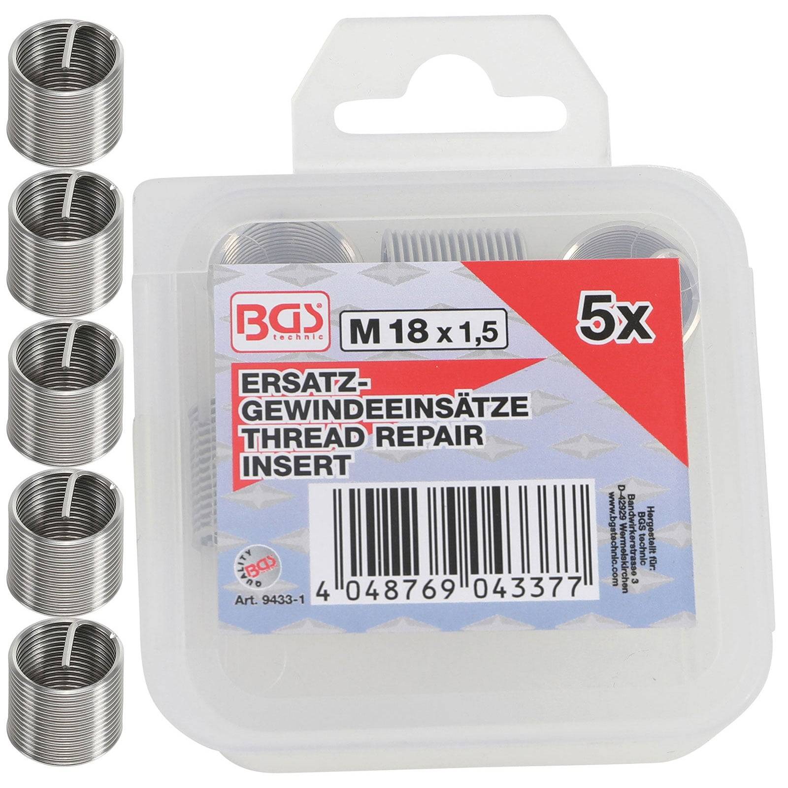 Gewindereparatur-Einsat​​zset, M18 x 1.5, Packung mit 5 Stück, enthält einzelne Spiralen und eine Kunststoffbox mit Produktdetails und Barcode.