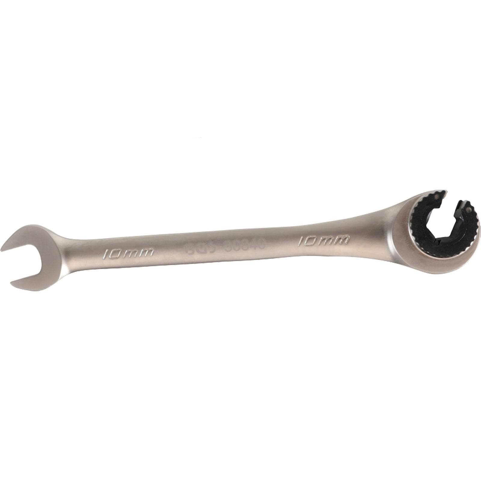 Ein 10-mm-Kombinationsschlüssel mit offener und ratschender Ringseite, entwickelt zum Anziehen oder Lösen von Muttern und Schrauben.