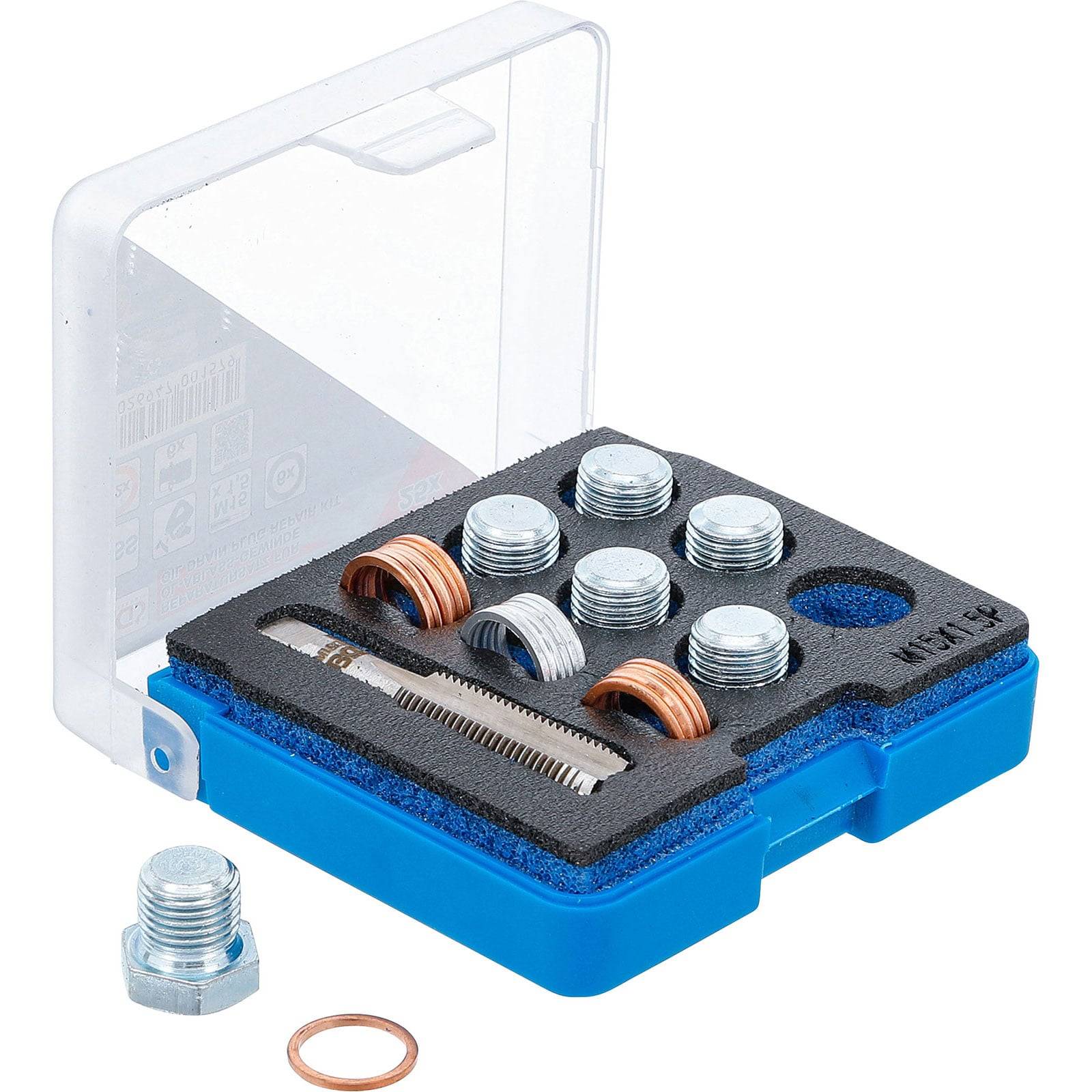 Gewinde-Reparaturset mit Metalleinlagen und Unterlegscheiben in einer blauen Box mit transparentem Deckel, entwickelt zum Reparieren beschädigter Gewinde in Metallteilen.