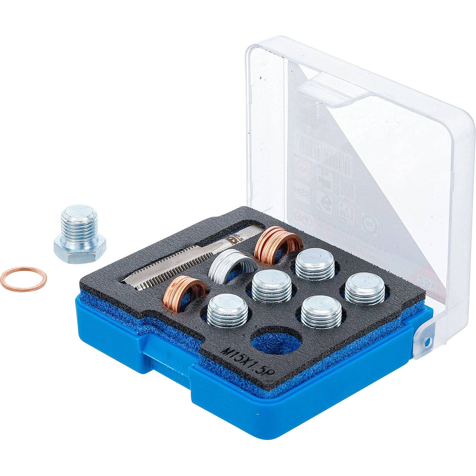 Eine blaue Plastikbox mit einem durchsichtigen Deckel, die Metallkomponenten und Unterlegscheiben enthält, wird präsentiert.