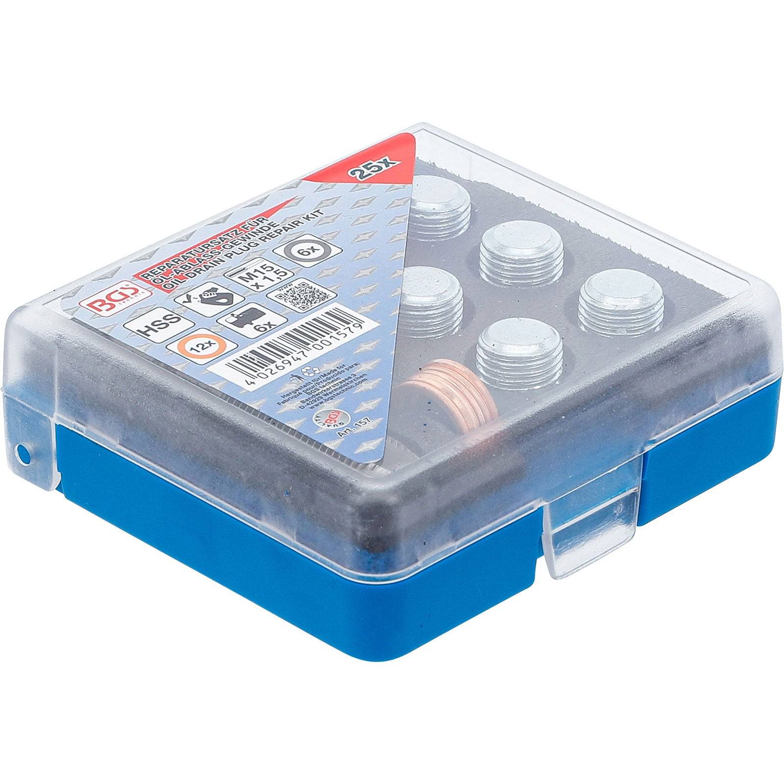 Eine blaue Plastikbox mit verschiedenen silbernen Schraubenabdeckungen, mit der Beschriftung 