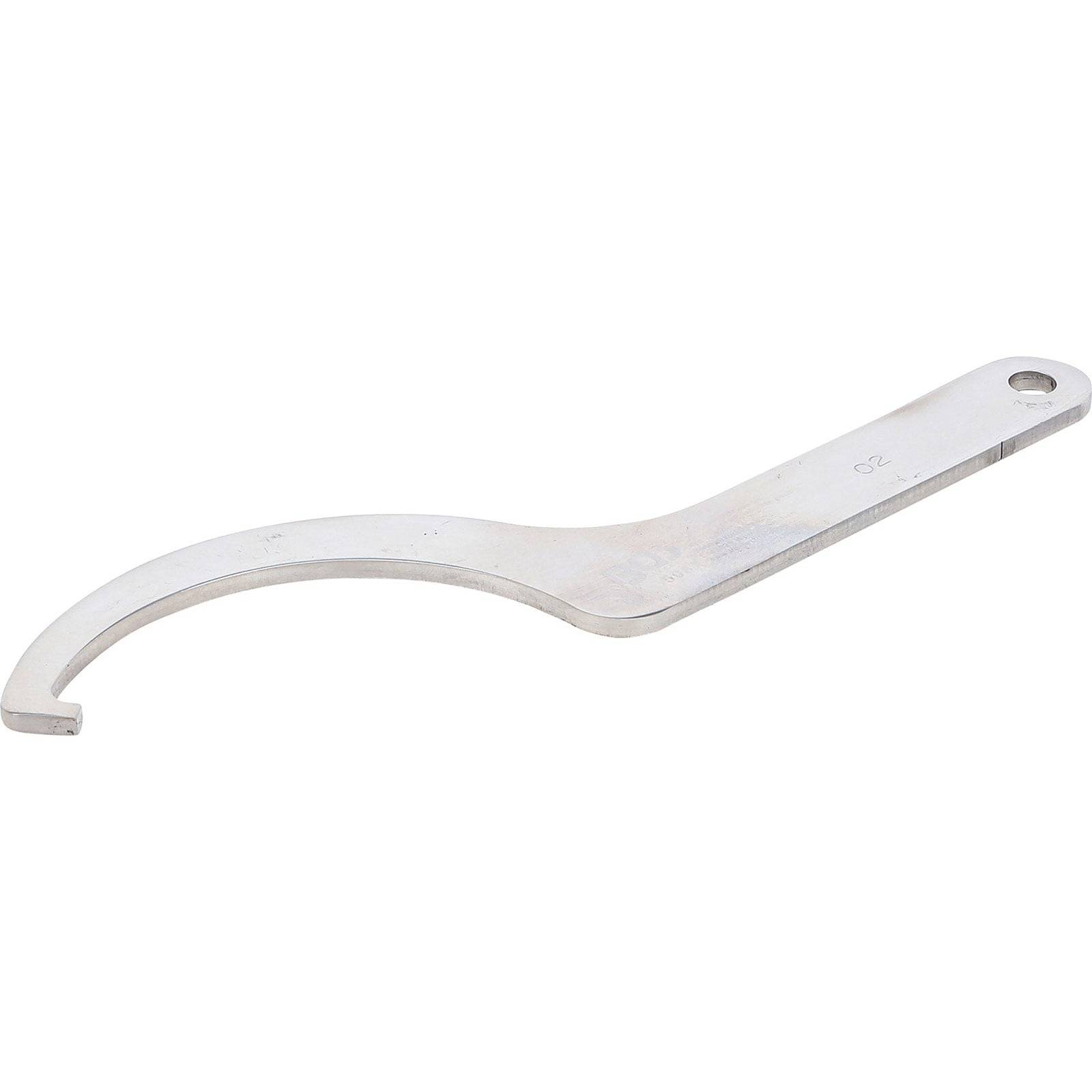 Ein Metallhaken-Schraubenschlüssel mit einem gebogenen Ende und einem Aufhängeloch.