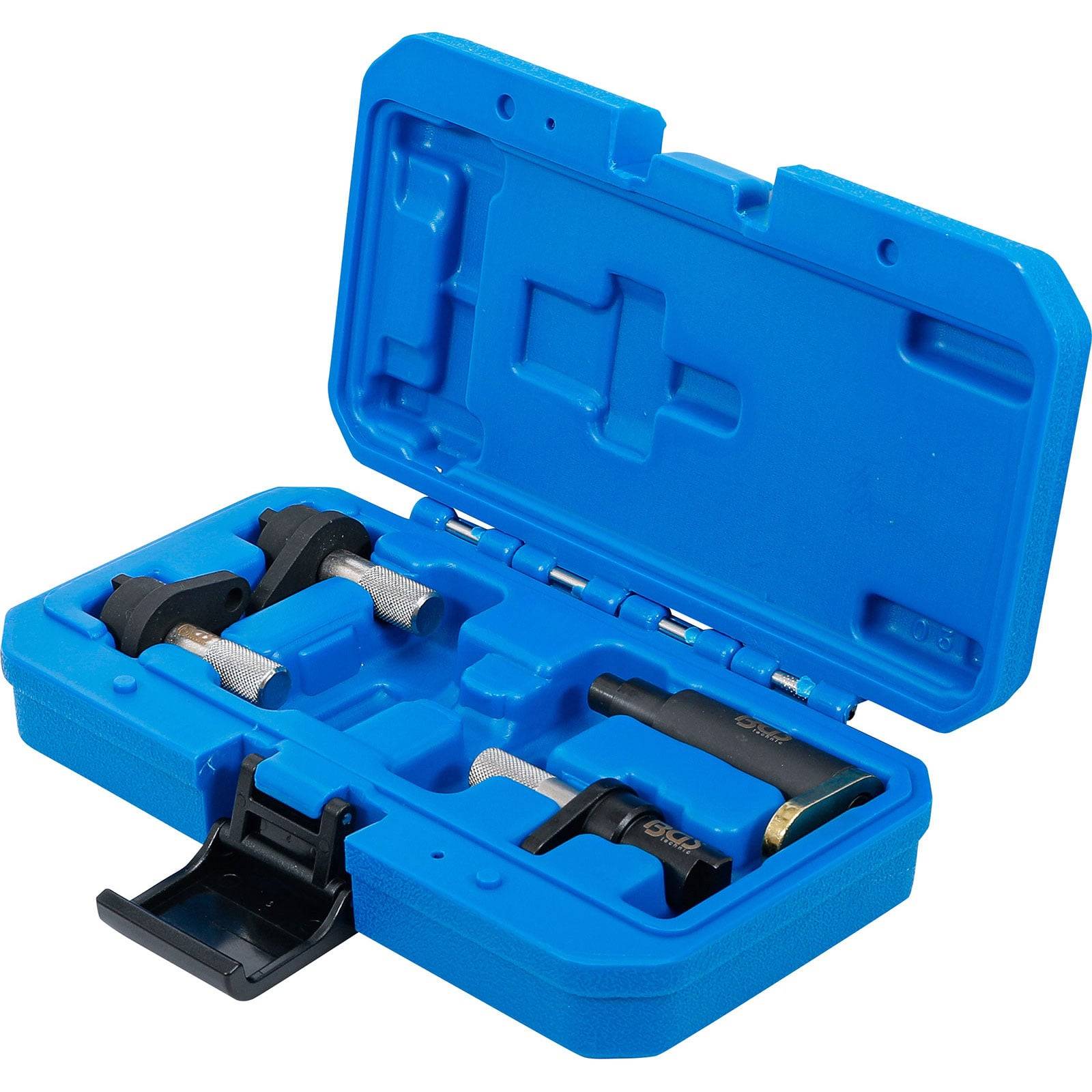 Eine blaue Kunststoffbox mit verschiedenen Autowerkzeugen, einschließlich Bremssattelmaßstäben, mit sicheren Fächern, die für Bremsmessungen verwendet wird.
