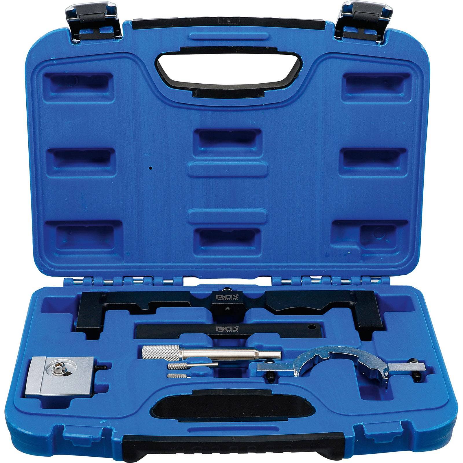 Ein blauer Werkzeugkoffer mit verschiedenen Werkzeugen, die ordentlich in vorgesehenen Fächern angeordnet sind, darunter Schraubendreher und ein Schraubenschlüssel.