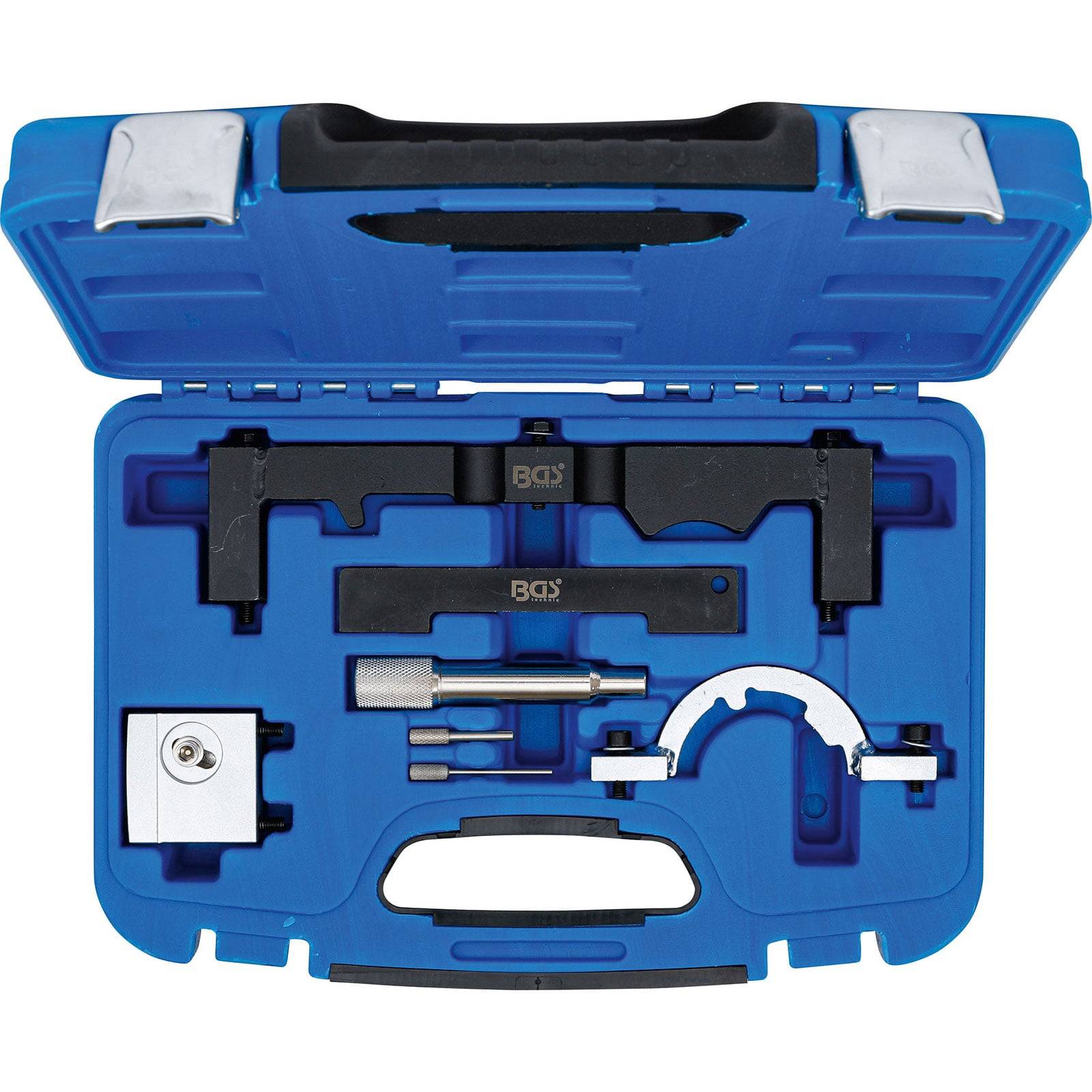 Ein blauer Koffer mit einem Nockenwellen-Verriegelungswerkzeugsatz, der für Motorwartungs- und Reparaturaufgaben konzipiert ist, enthält verschiedene Metallkomponenten.