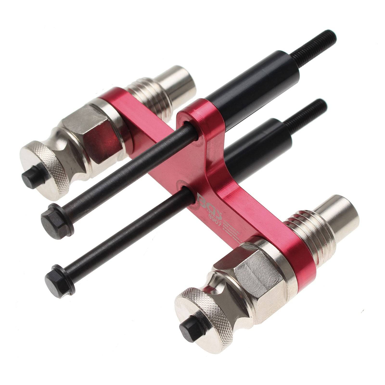 Ein roter und silberner Kraftstoffeinspritzdüsen-Entfernungswerkzeug mit vier Metallbolzen.