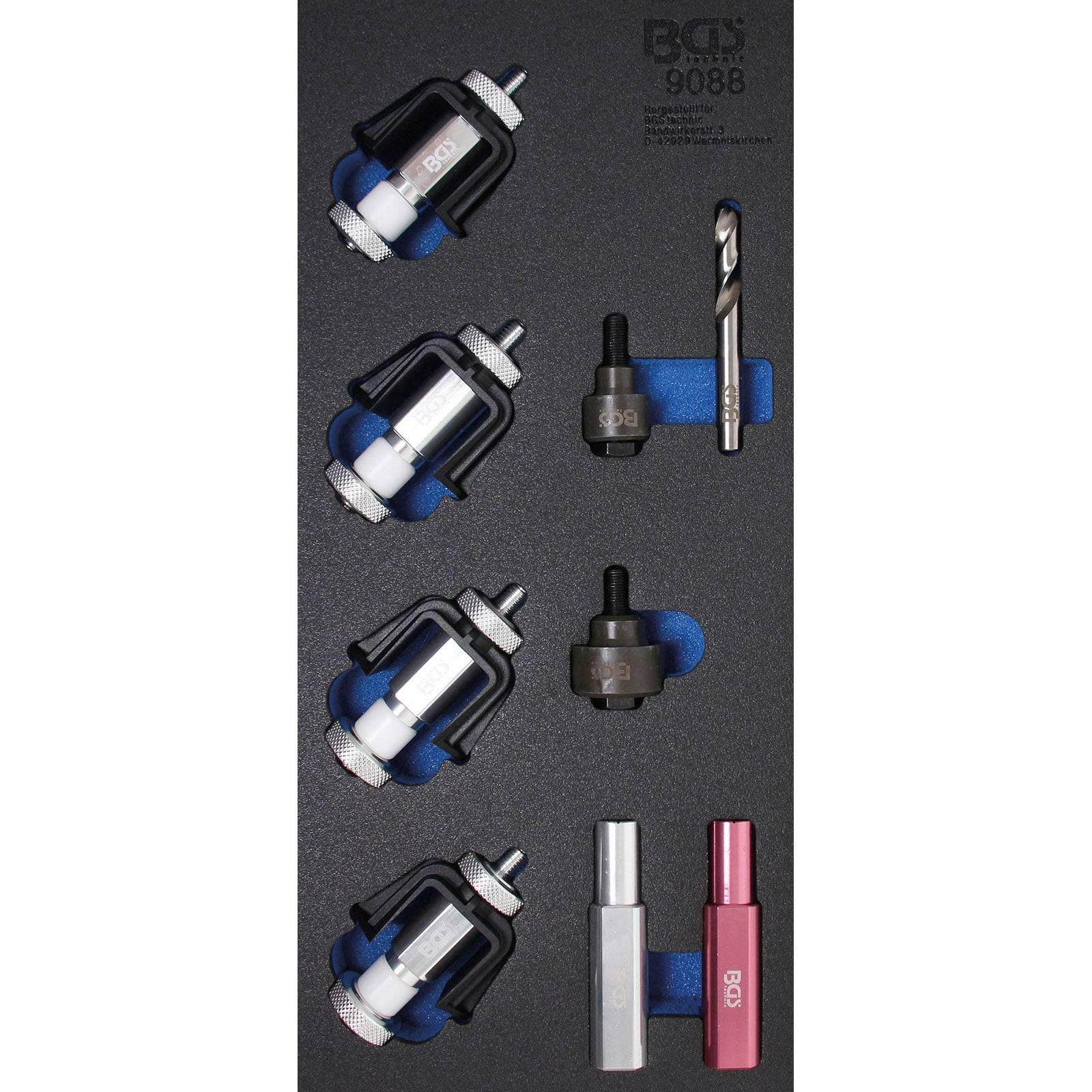 Der Senkwerkzeug-Satz 'BCS 9088' umfasst sechs Senkbohrer und einen Bohrer, der in einem Schaumstoffeinsatz für effiziente Lagerung und einfachen Zugriff organisiert ist.