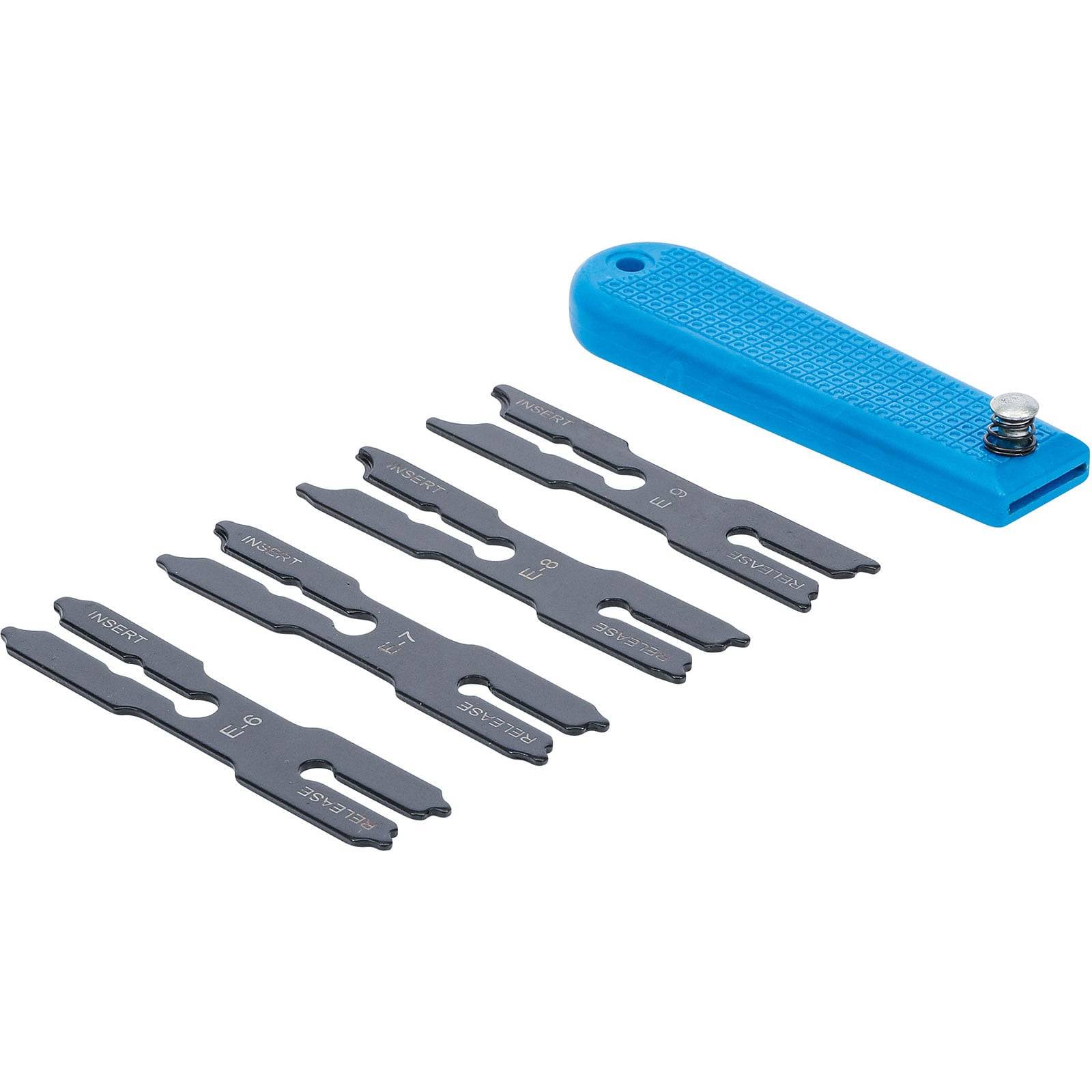 Ein blauer Griff mit mehreren austauschbaren schwarzen Autoradio-Ausbau-Werkzeugen, die jeweils verschiedene Stiftkonfigurationen zum Entfernen von Autoradios aufweisen.